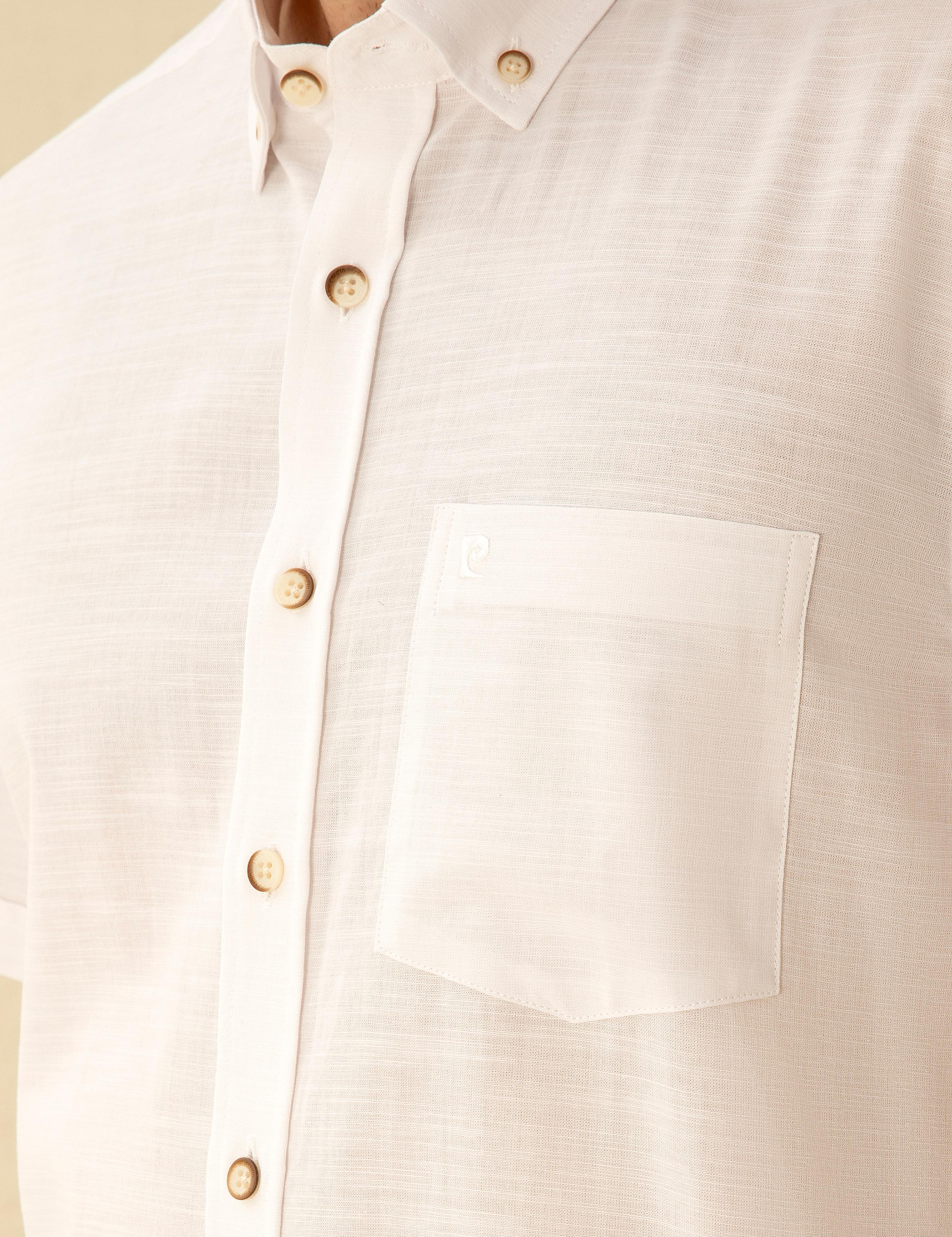 Beyaz Keten Görünümlü Regular Fit Kısa Kollu Gömlek