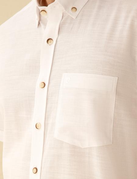 Beyaz Keten Görünümlü Regular Fit Kısa Kollu Gömlek - 50255247021