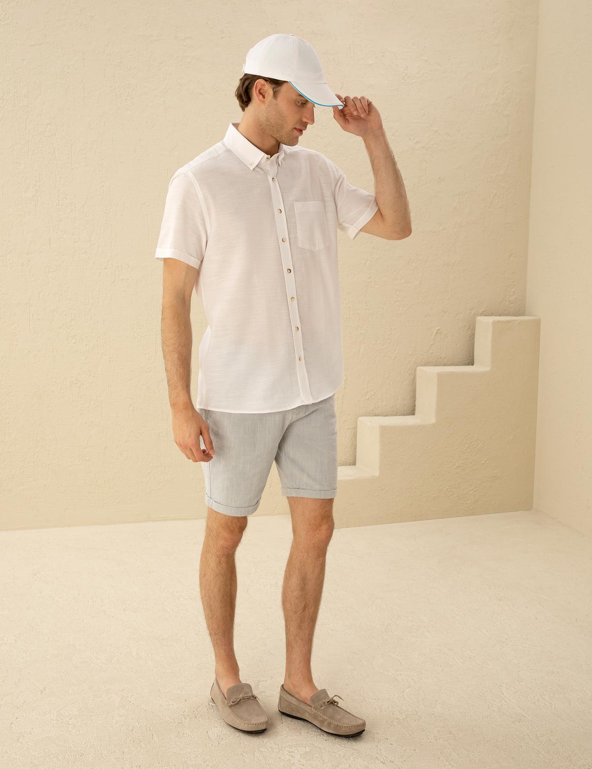 Beyaz Keten Görünümlü Regular Fit Kısa Kollu Gömlek - 50255247021