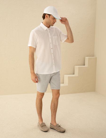 Beyaz Keten Görünümlü Regular Fit Kısa Kollu Gömlek - 50255247021