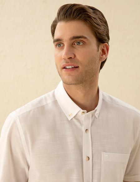 Beyaz Keten Görünümlü Regular Fit Kısa Kollu Gömlek - 50255247021