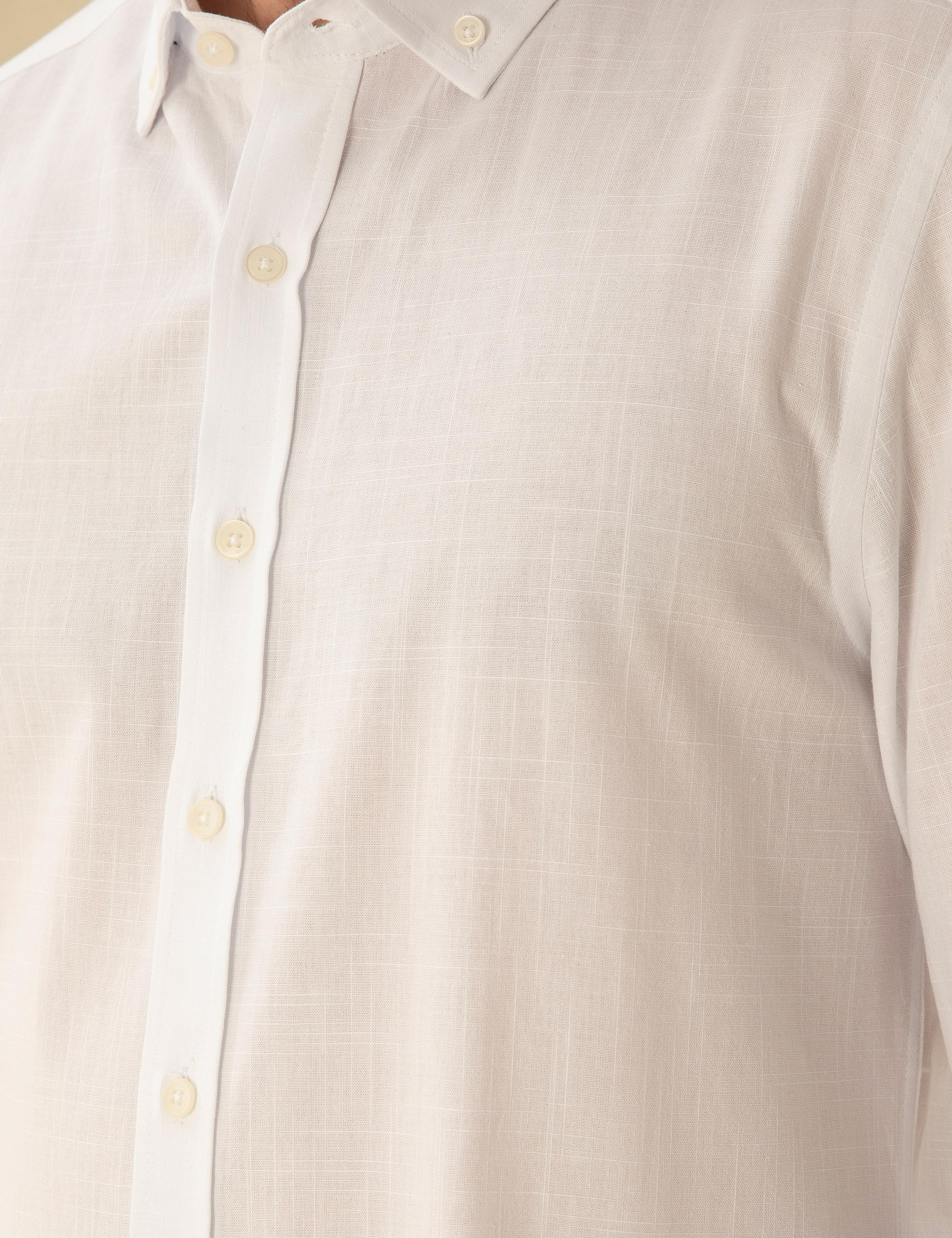 Beyaz Slim Fit Keten Görünümlü Gömlek