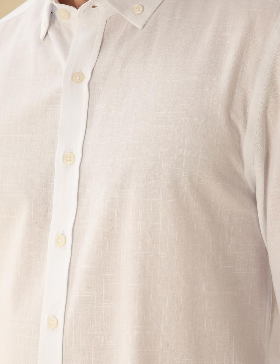 Beyaz Slim Fit Keten Görünümlü Gömlek