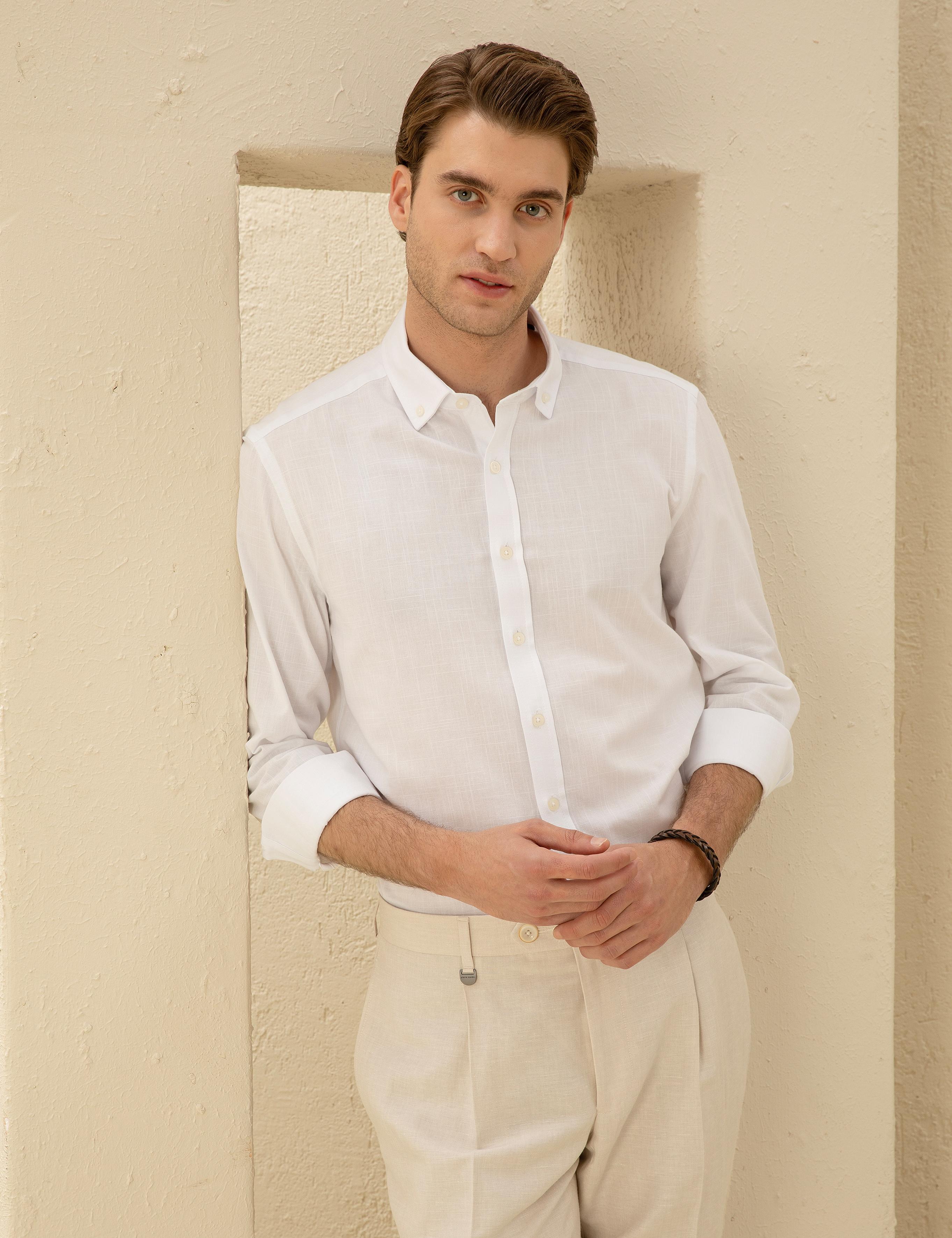 Beyaz Slim Fit Keten Görünümlü Gömlek