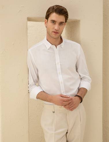 Beyaz Slim Fit Keten Görünümlü Gömlek