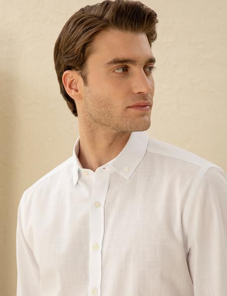 Beyaz Slim Fit Keten Görünümlü Gömlek - 50272221024