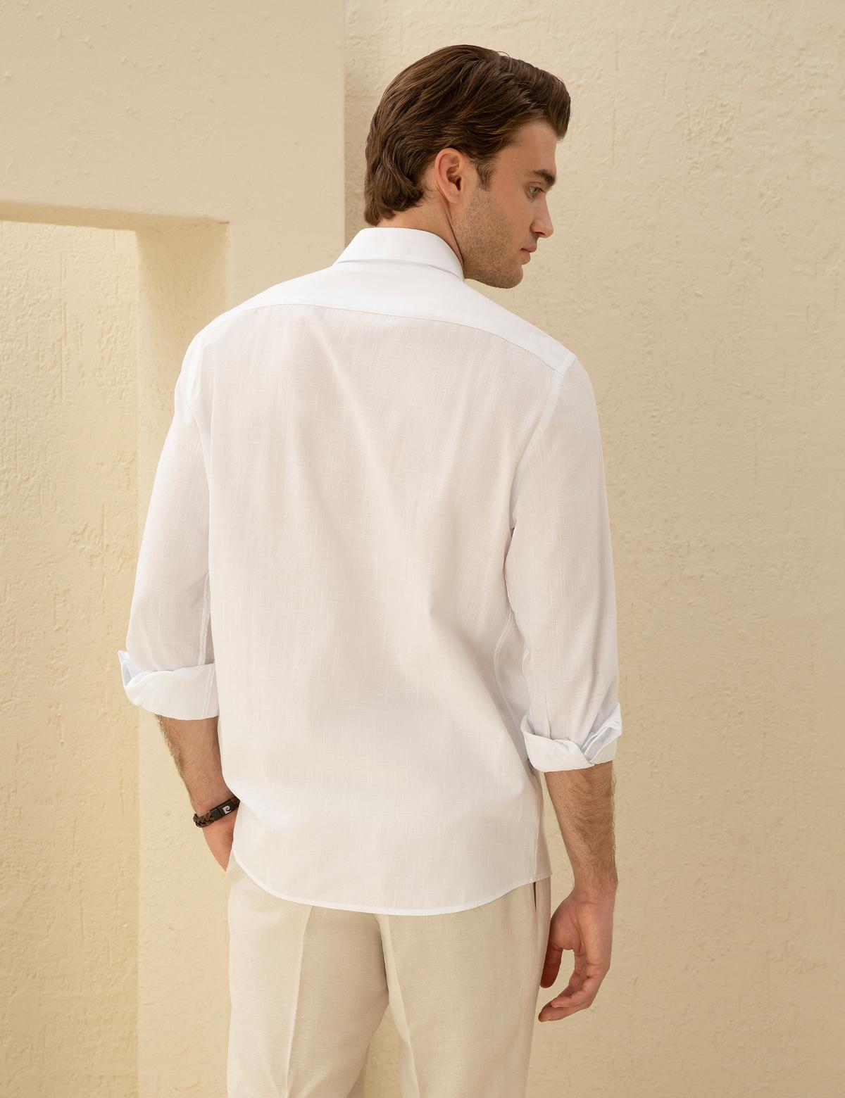 Beyaz Slim Fit Keten Görünümlü Gömlek - 50272221024