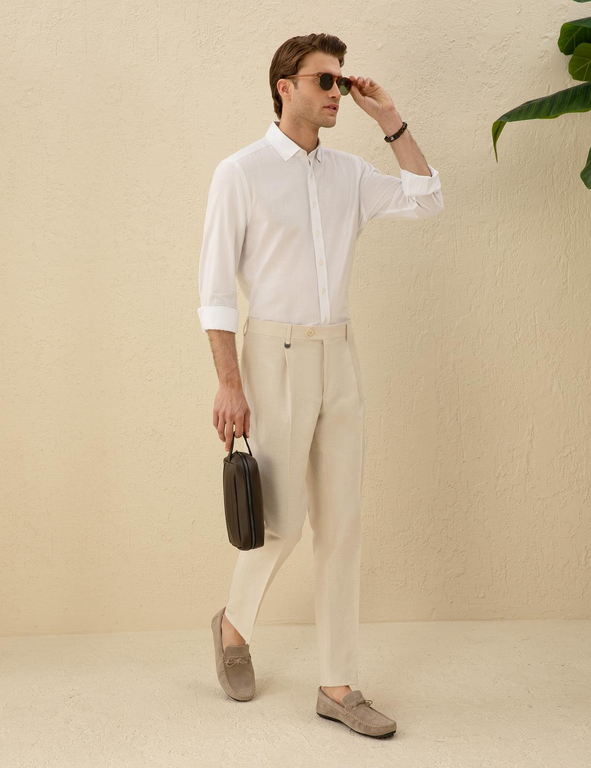 Beyaz Slim Fit Keten Görünümlü Gömlek - 50272221024