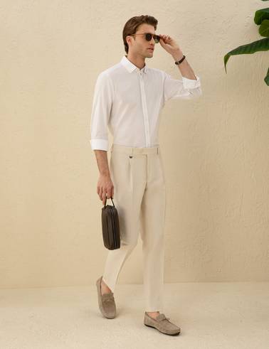 Beyaz Slim Fit Keten Görünümlü Gömlek
