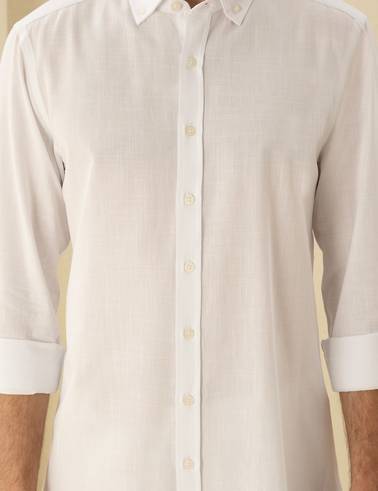 Beyaz Slim Fit Keten Görünümlü Gömlek