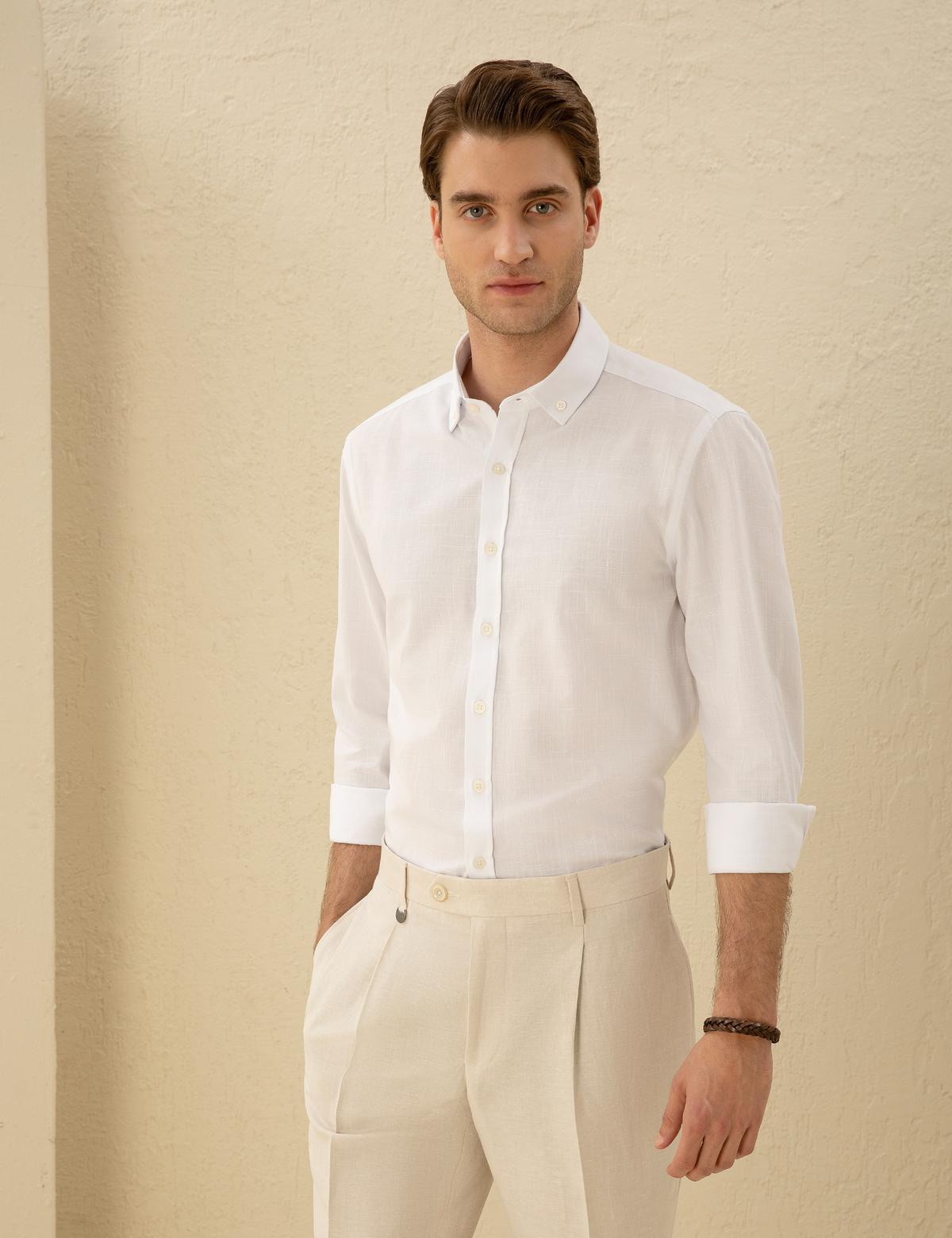 Beyaz Slim Fit Keten Görünümlü Gömlek