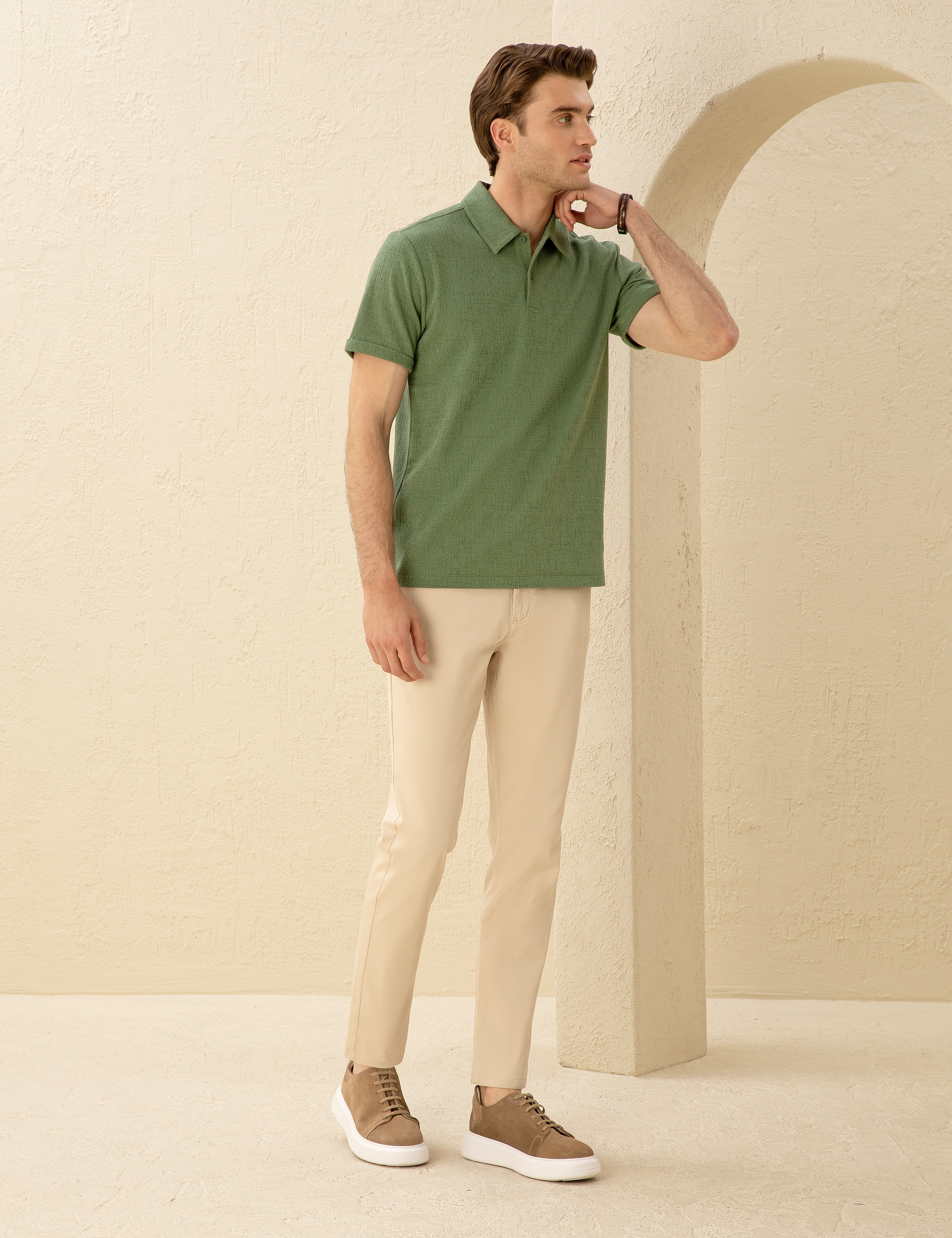 Bej Armürlü Slim Fit Chino Pantolon