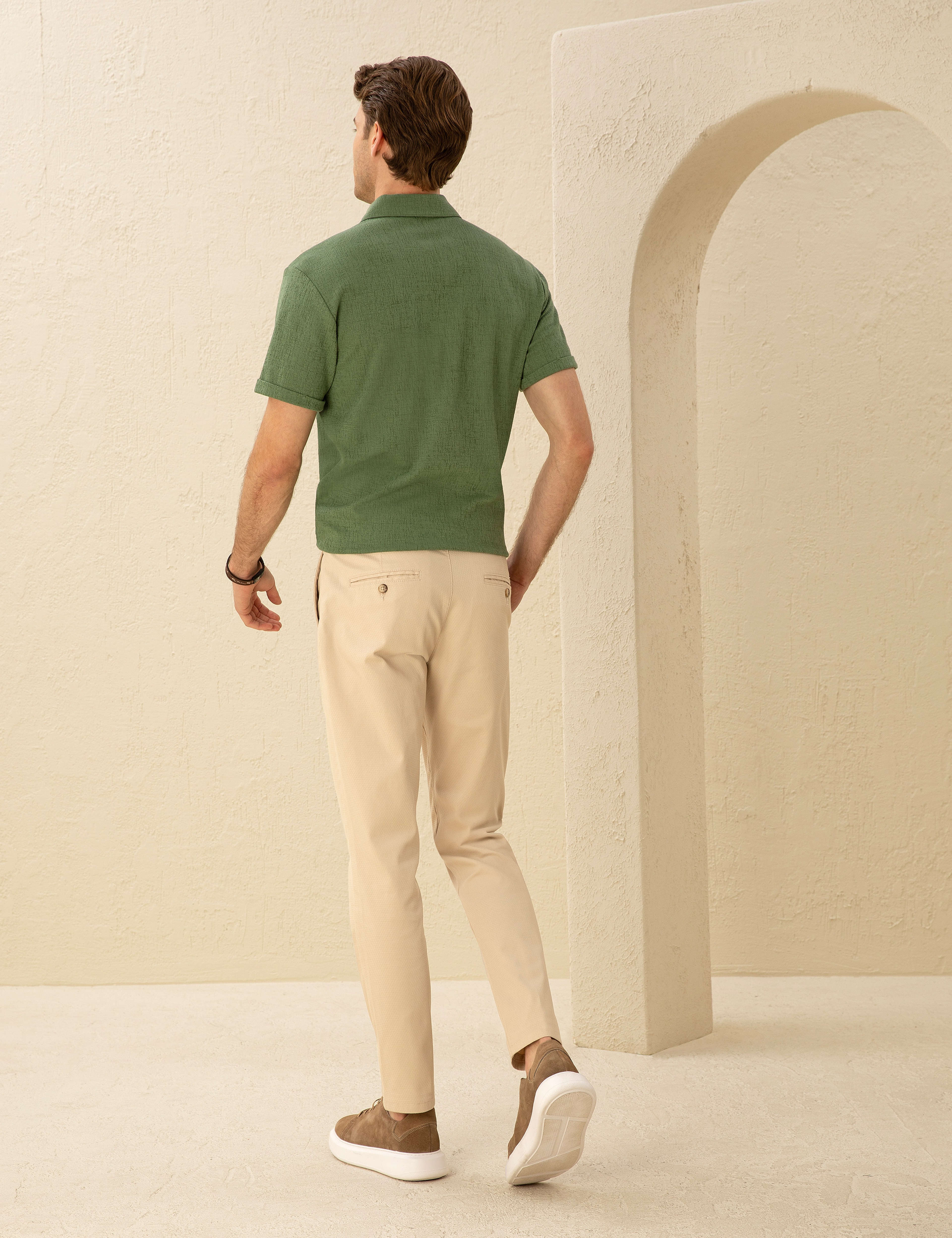 Bej Armürlü Slim Fit Chino Pantolon