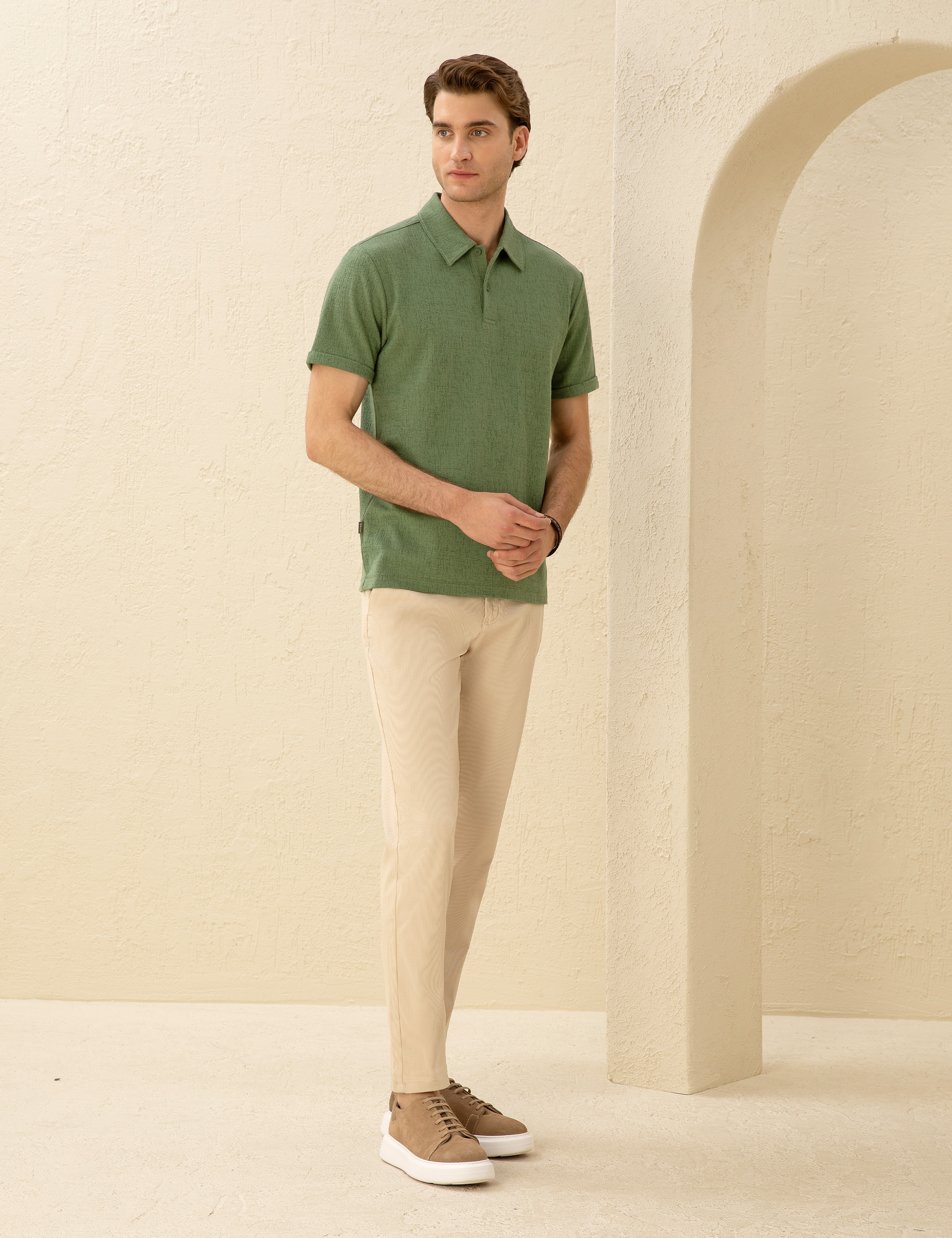 Bej Armürlü Slim Fit Chino Pantolon - Image 1