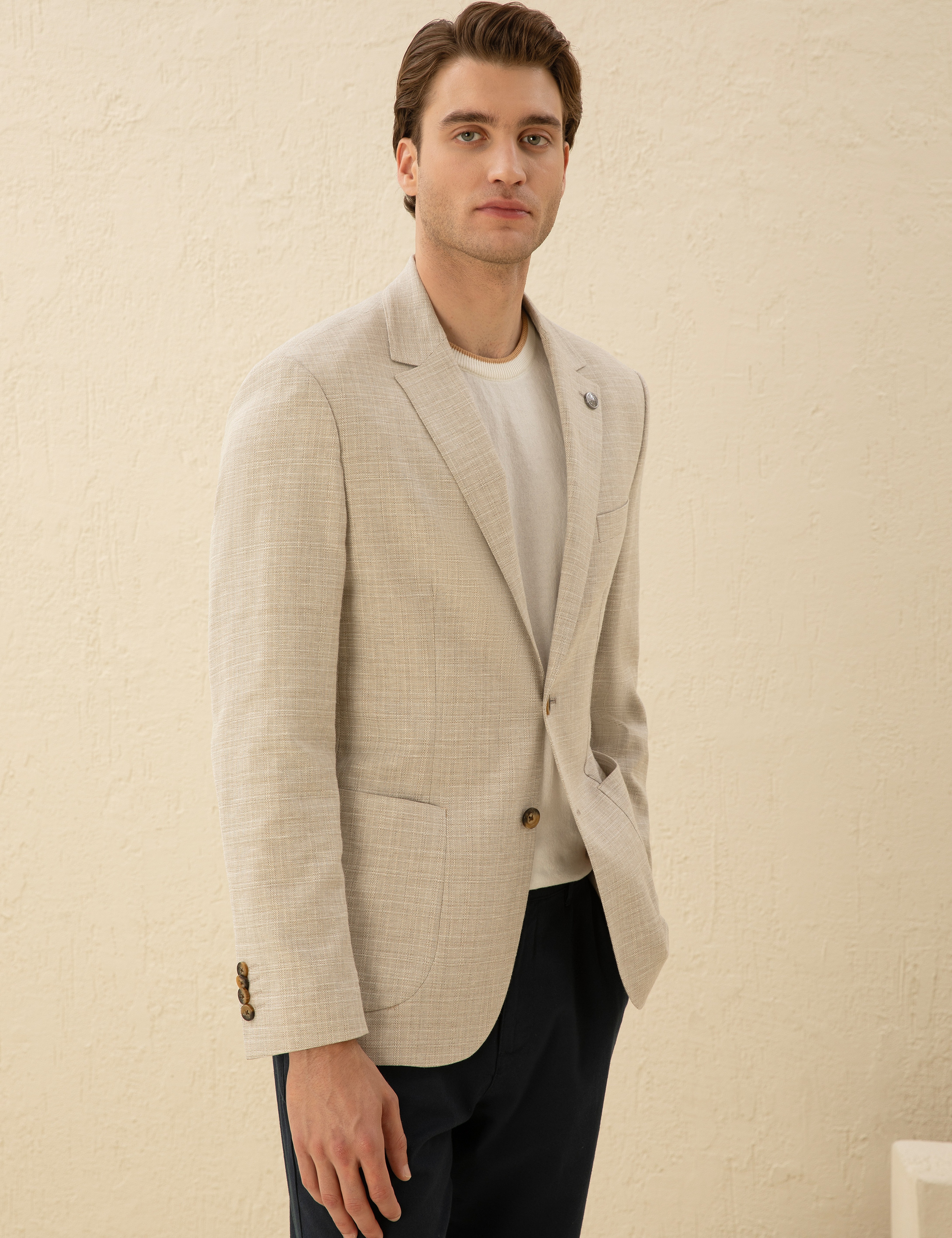 Bej Slim Fit Keten Karışımlı Blazer Ceket - Image 3