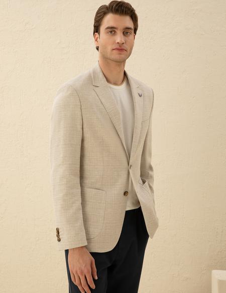 Bej Slim Fit Keten Karışımlı Blazer Ceket - 50277318137
