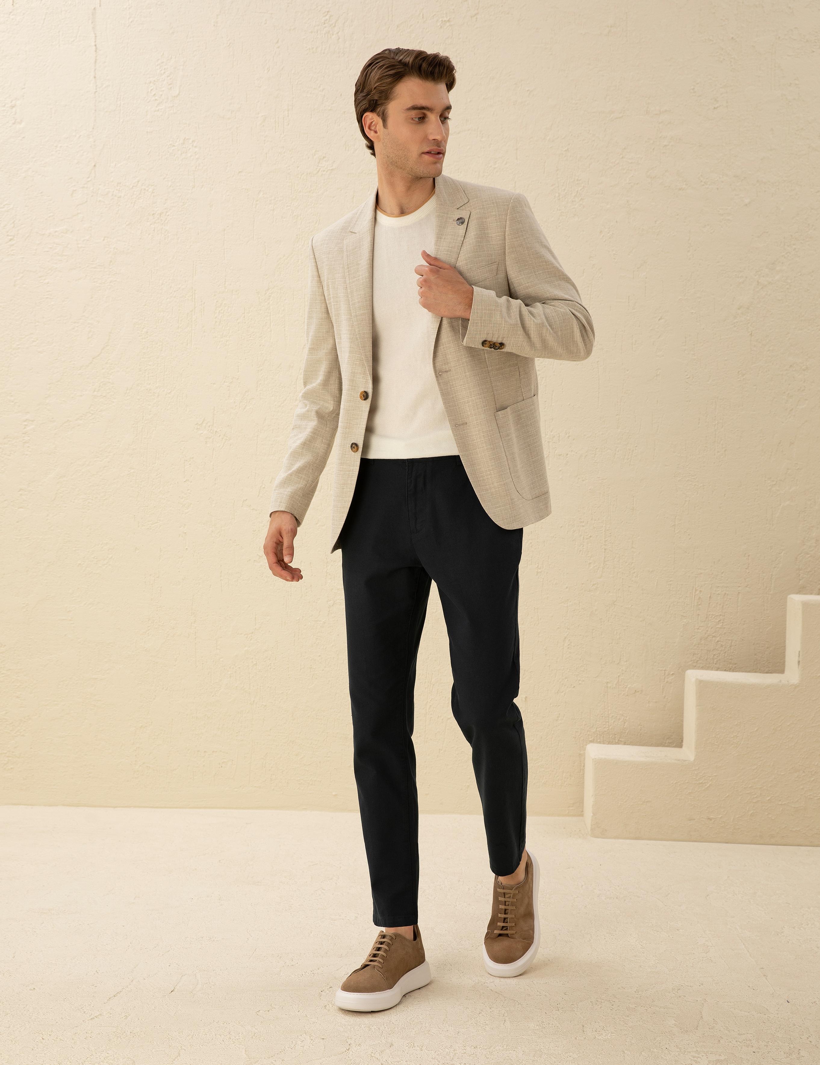 Bej Slim Fit Keten Karışımlı Blazer Ceket