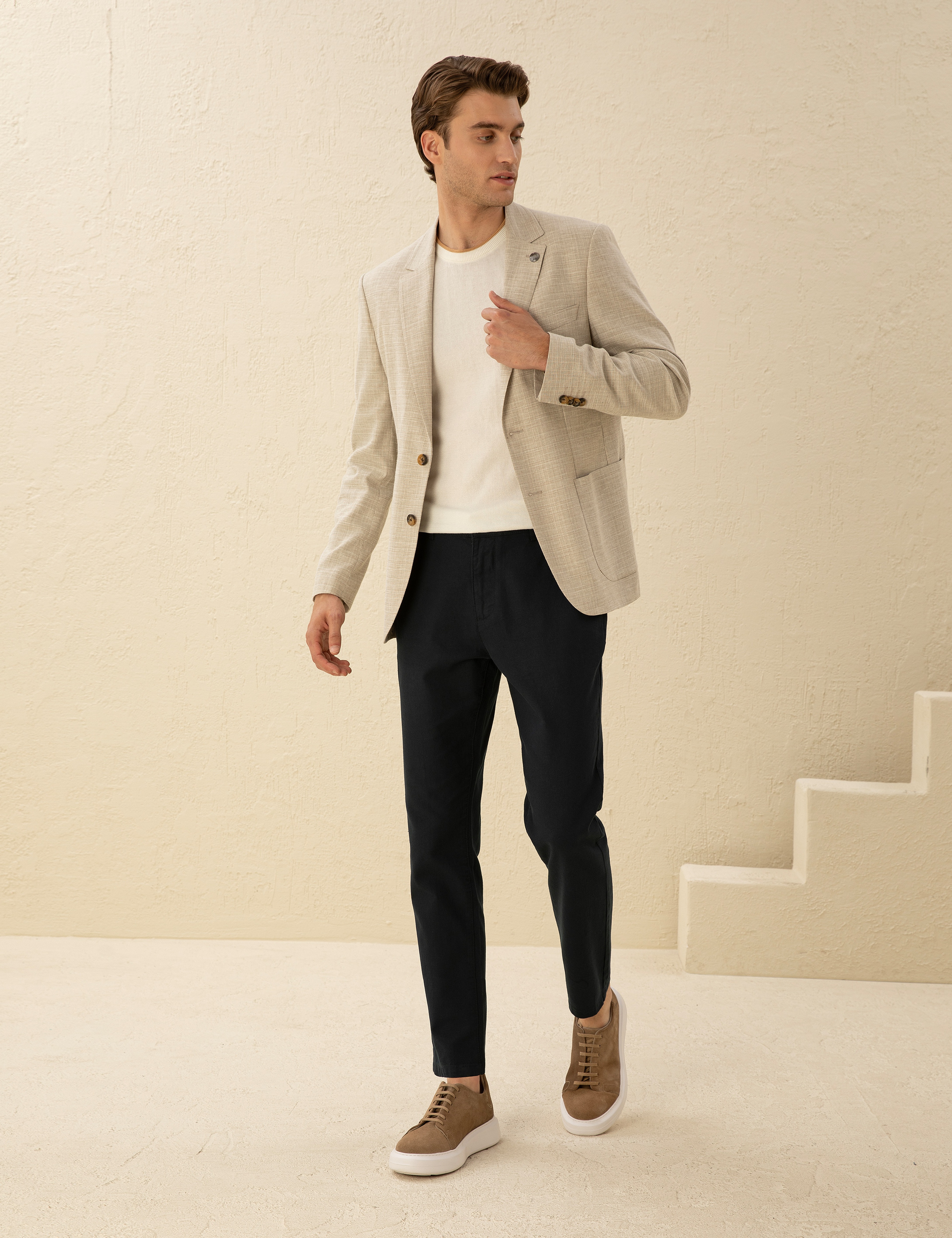 Bej Slim Fit Keten Karışımlı Blazer Ceket - Image 4