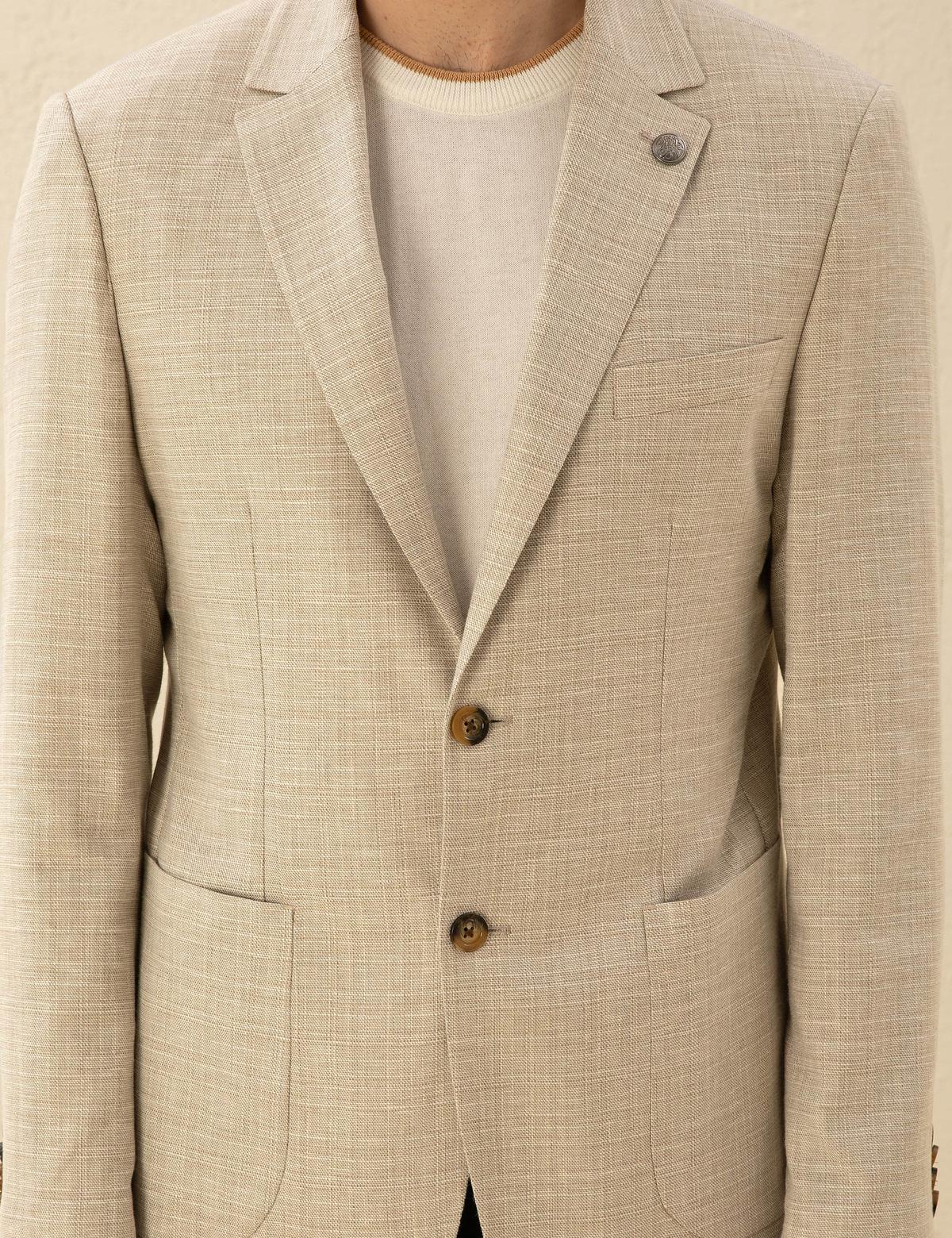 Bej Slim Fit Keten Karışımlı Blazer Ceket - 50277318137