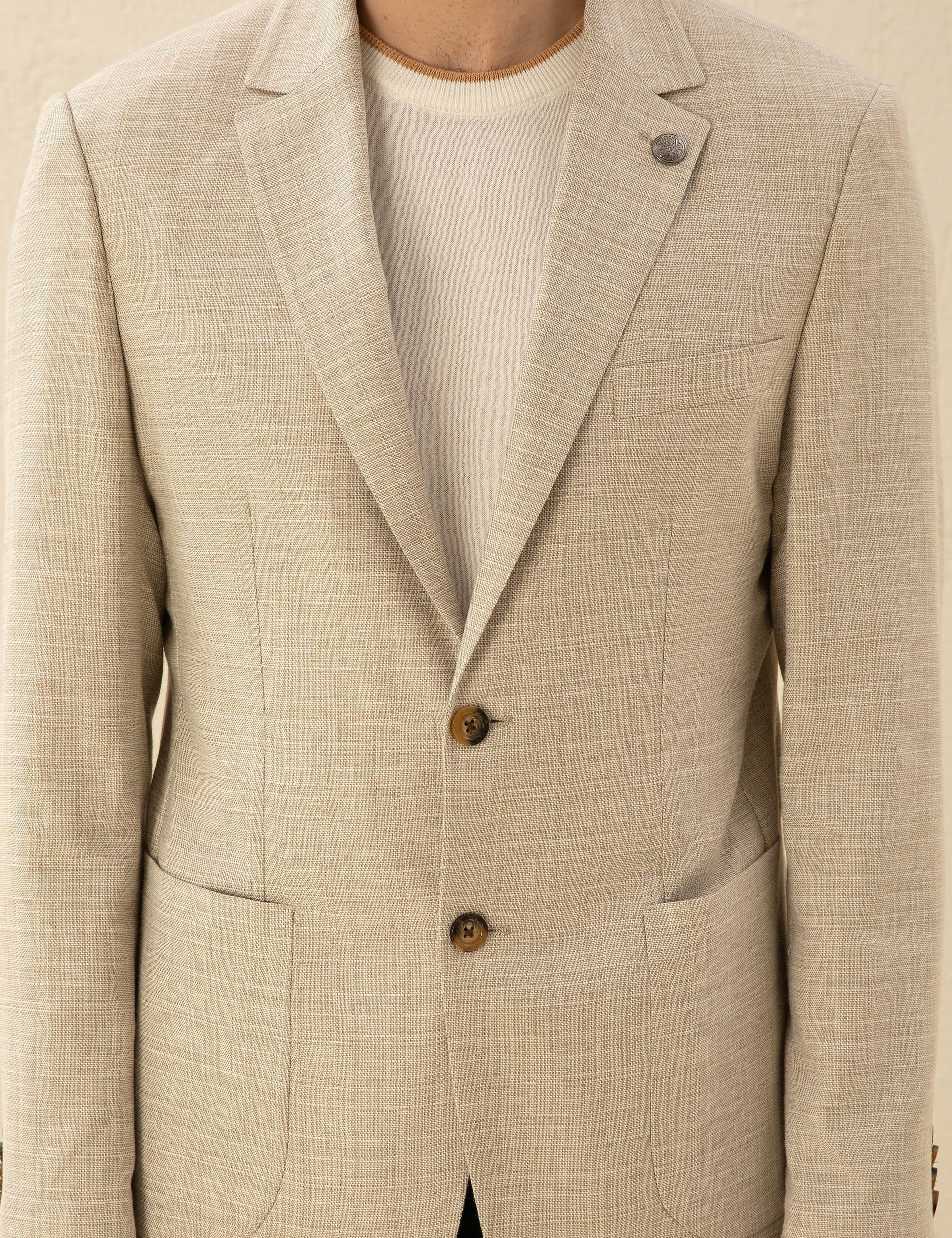 Bej Slim Fit Keten Karışımlı Blazer Ceket - Image 6