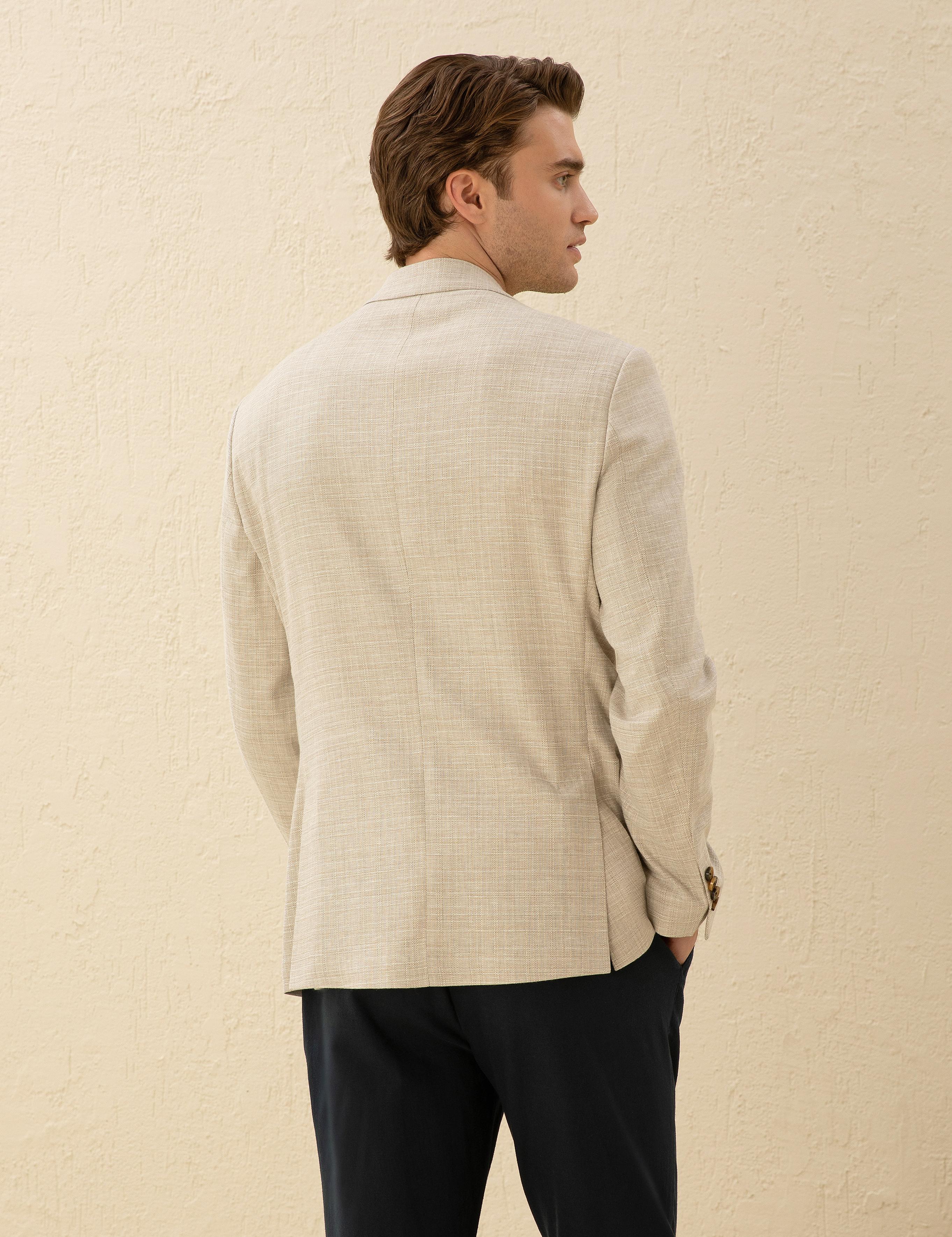 Bej Slim Fit Keten Karışımlı Blazer Ceket