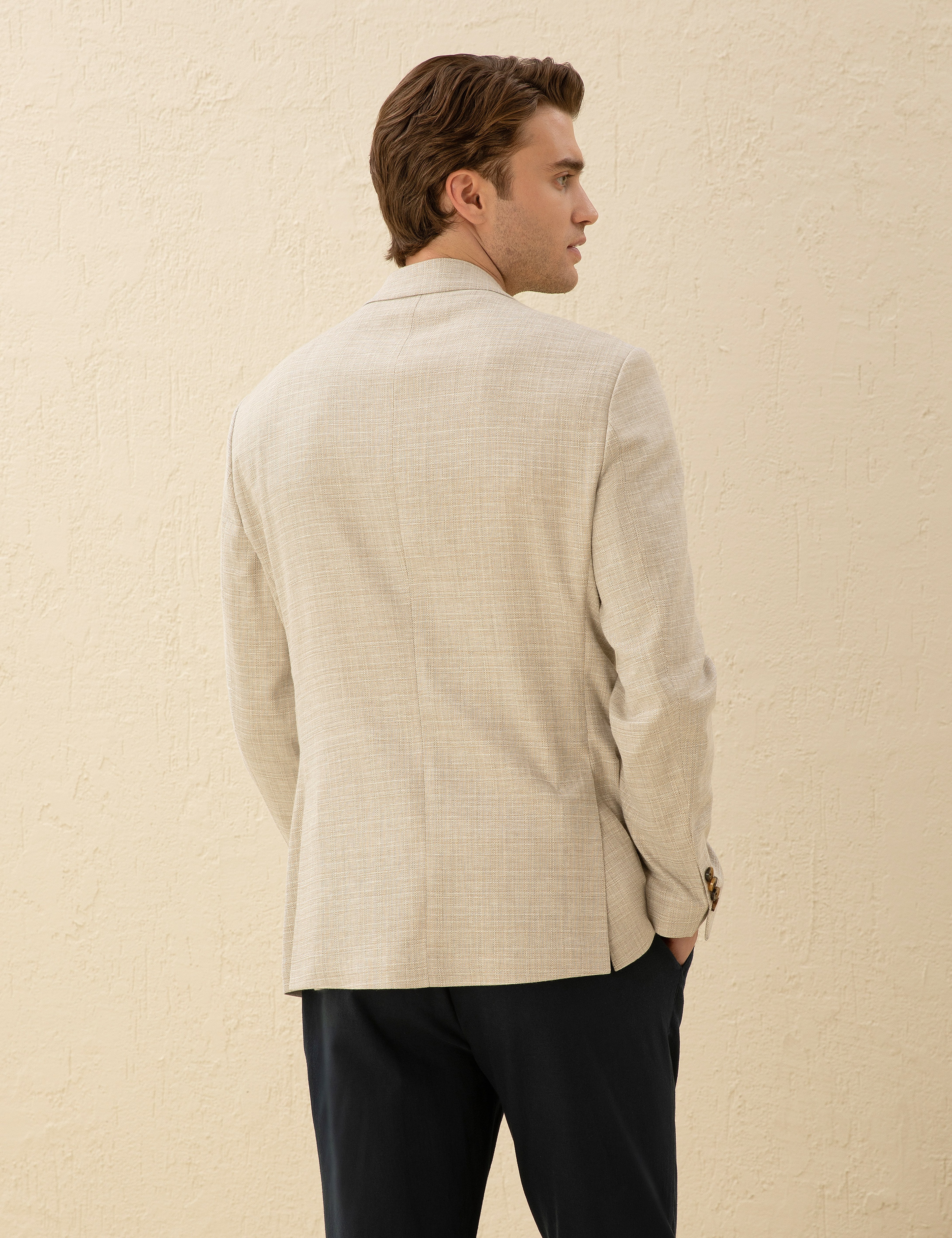 Bej Slim Fit Keten Karışımlı Blazer Ceket - Image 5