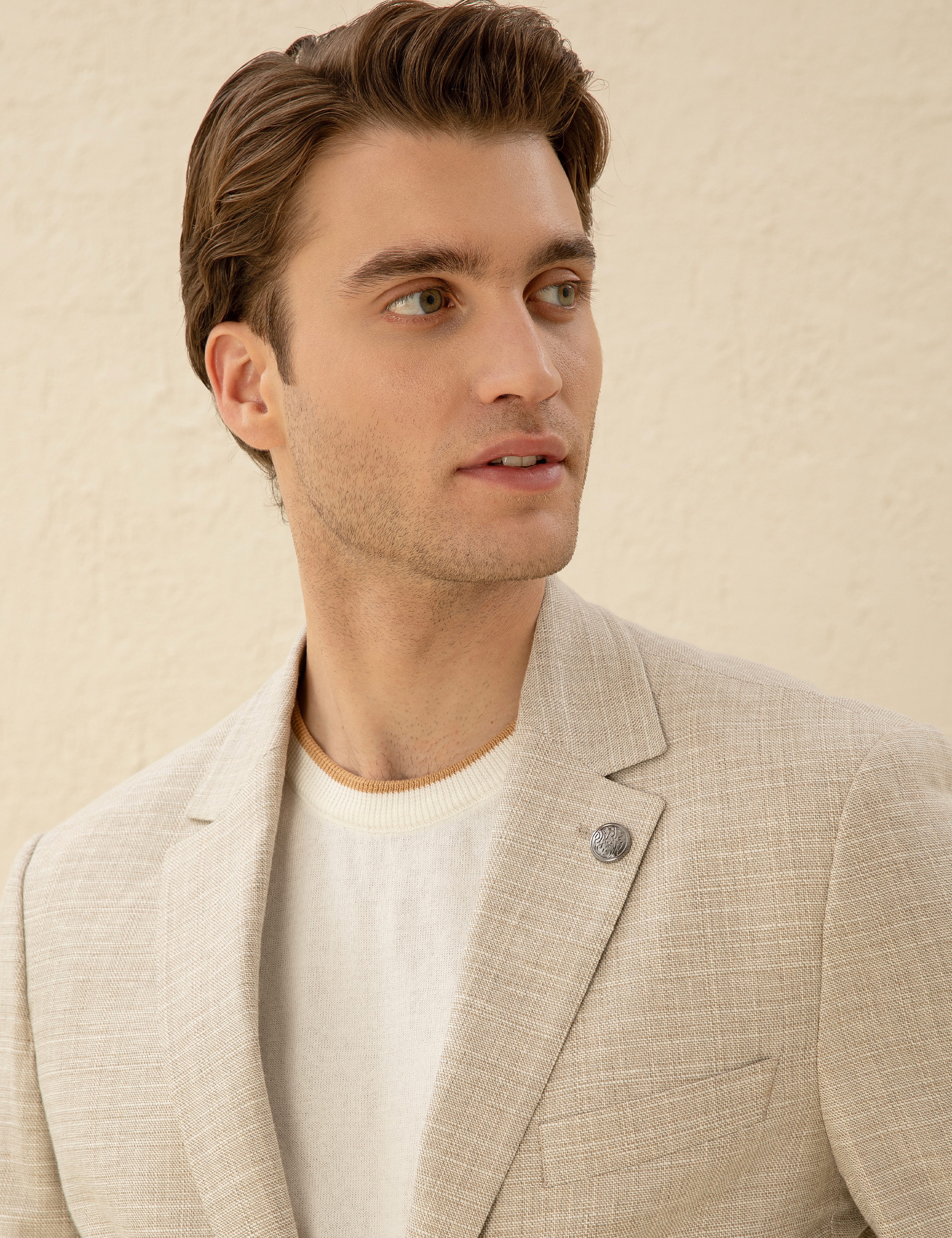 Bej Slim Fit Keten Karışımlı Blazer Ceket - Image 2