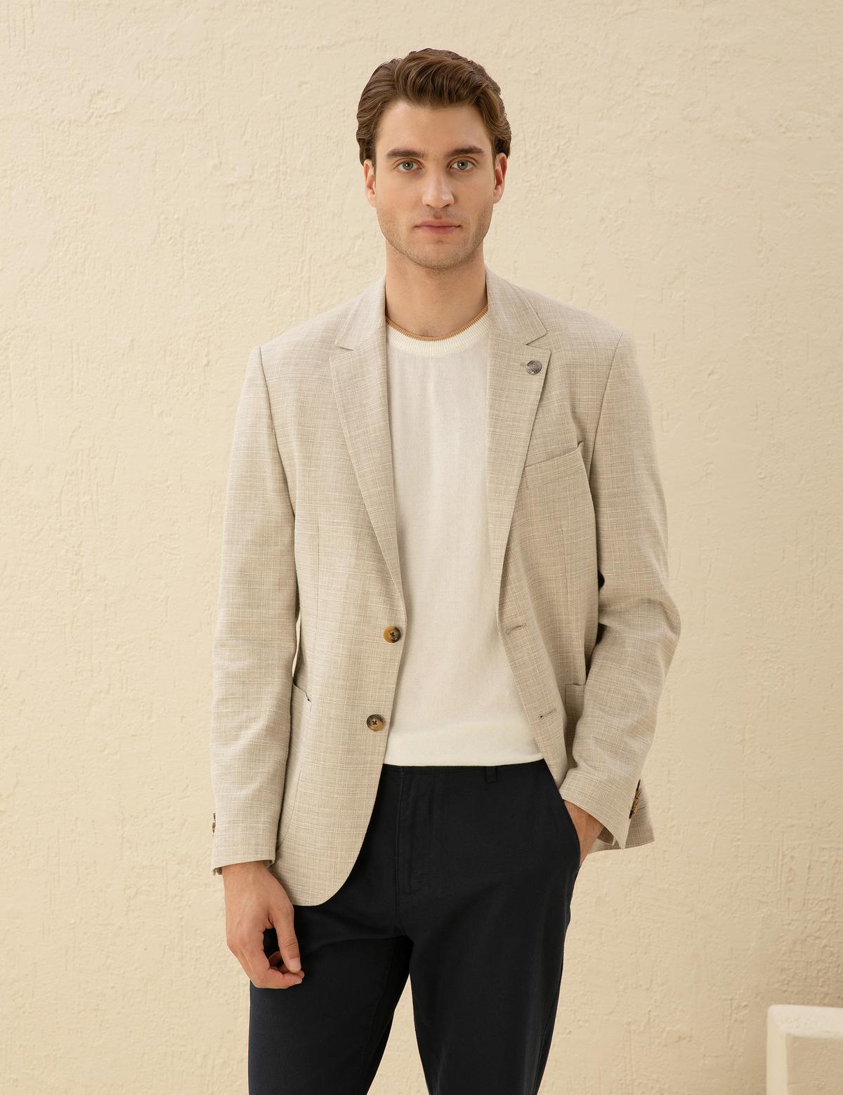 Bej Slim Fit Keten Karışımlı Blazer Ceket