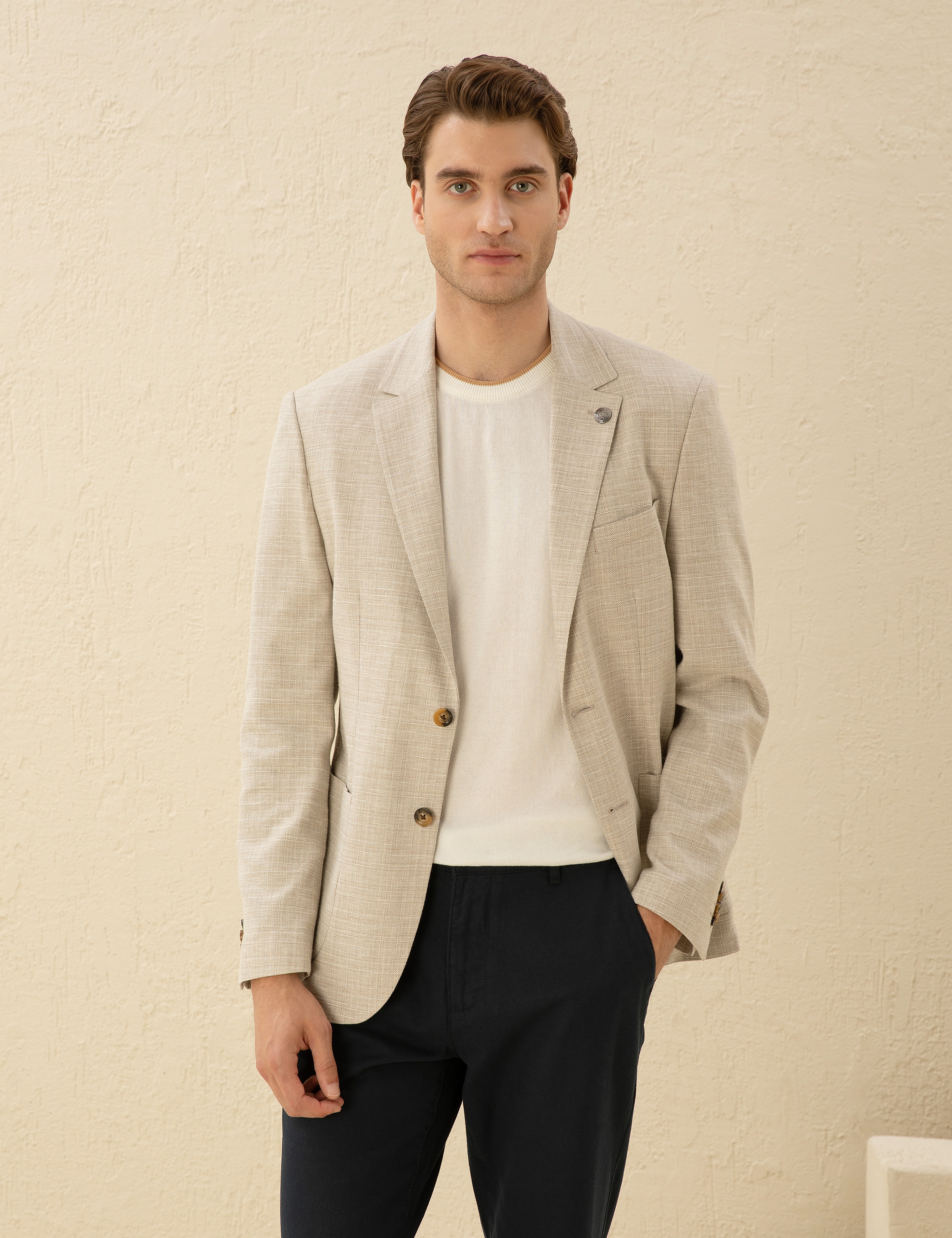Bej Slim Fit Keten Karışımlı Blazer Ceket