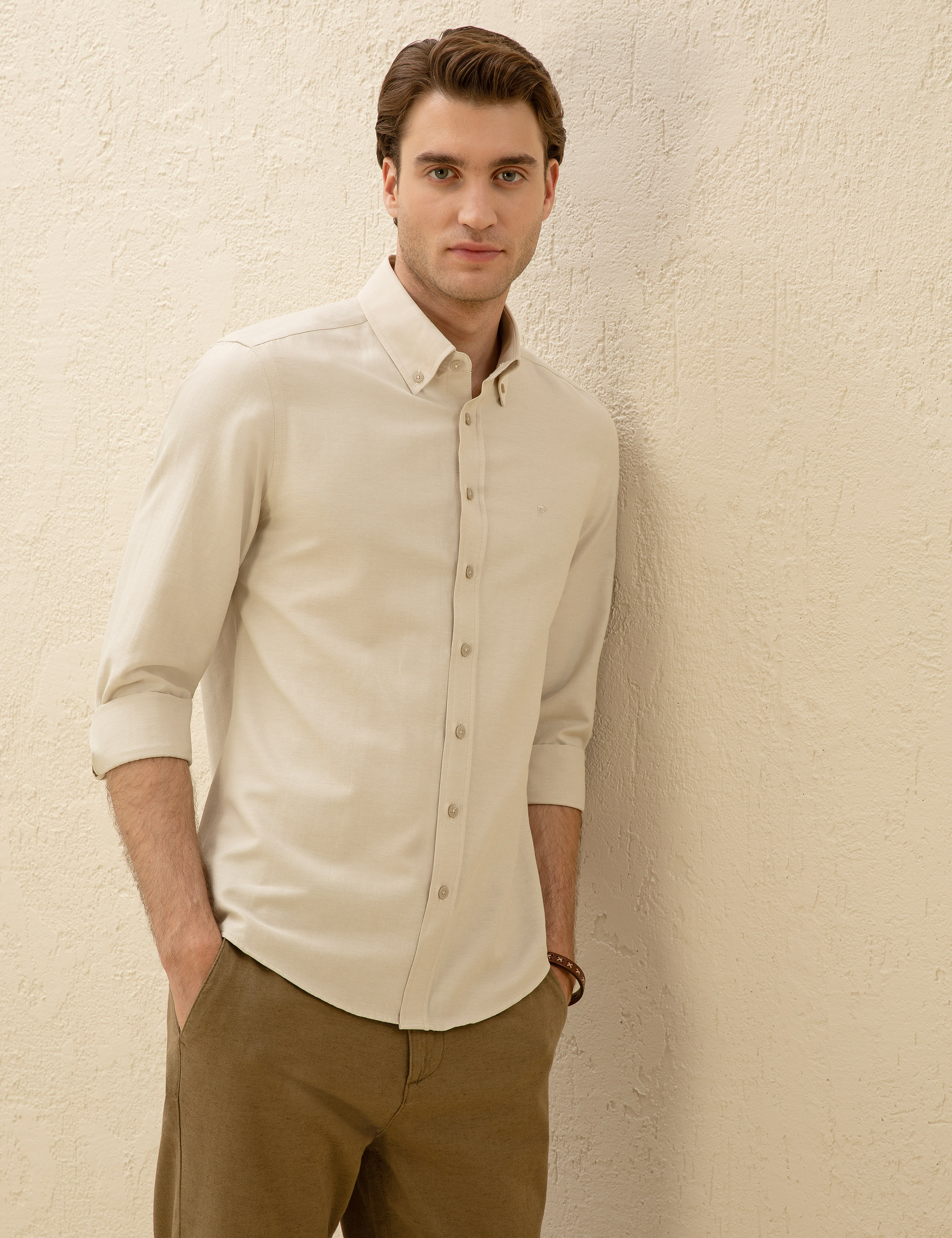 Bej Slim Fit Uzun Kollu Gömlek - Image 3