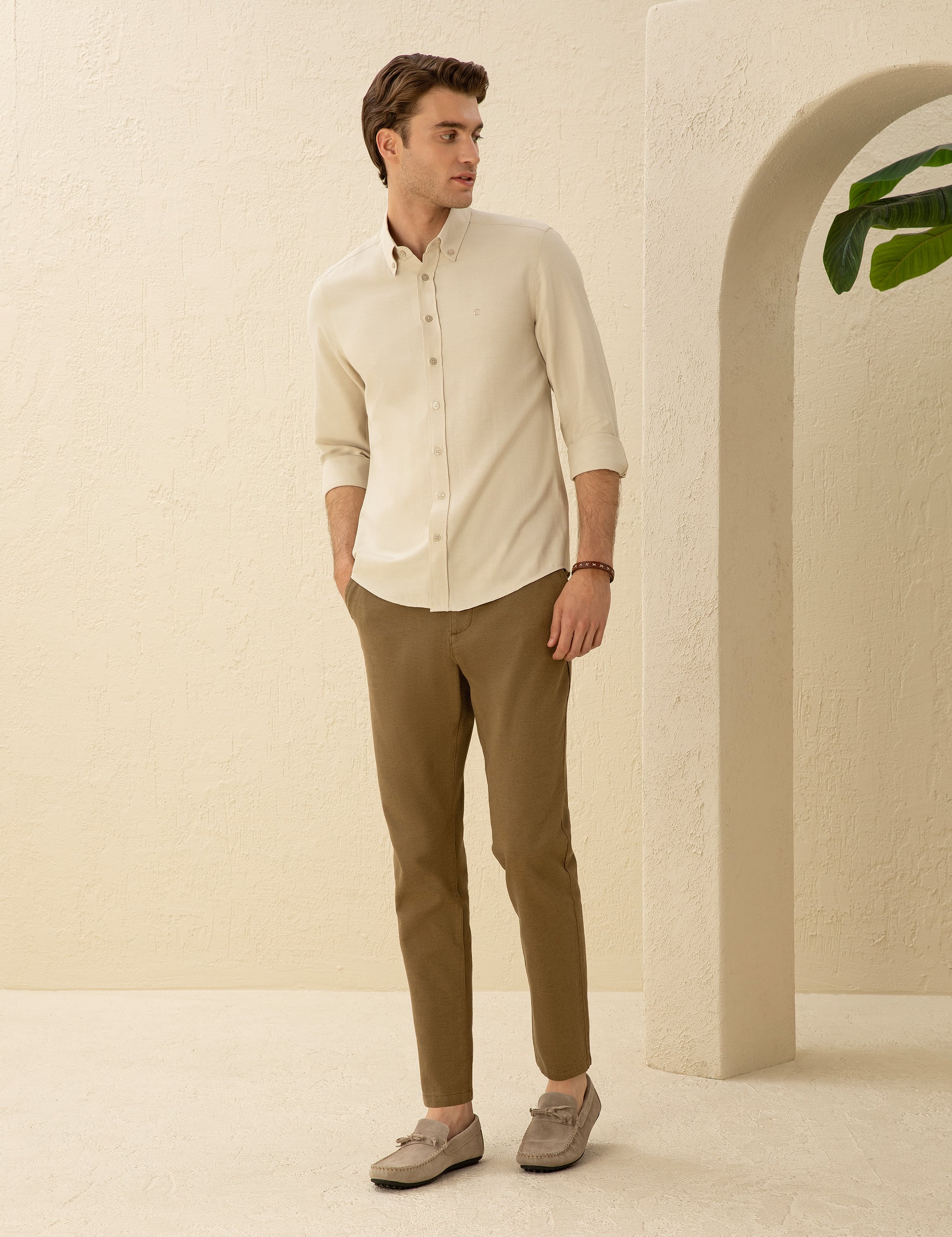 Bej Slim Fit Uzun Kollu Gömlek