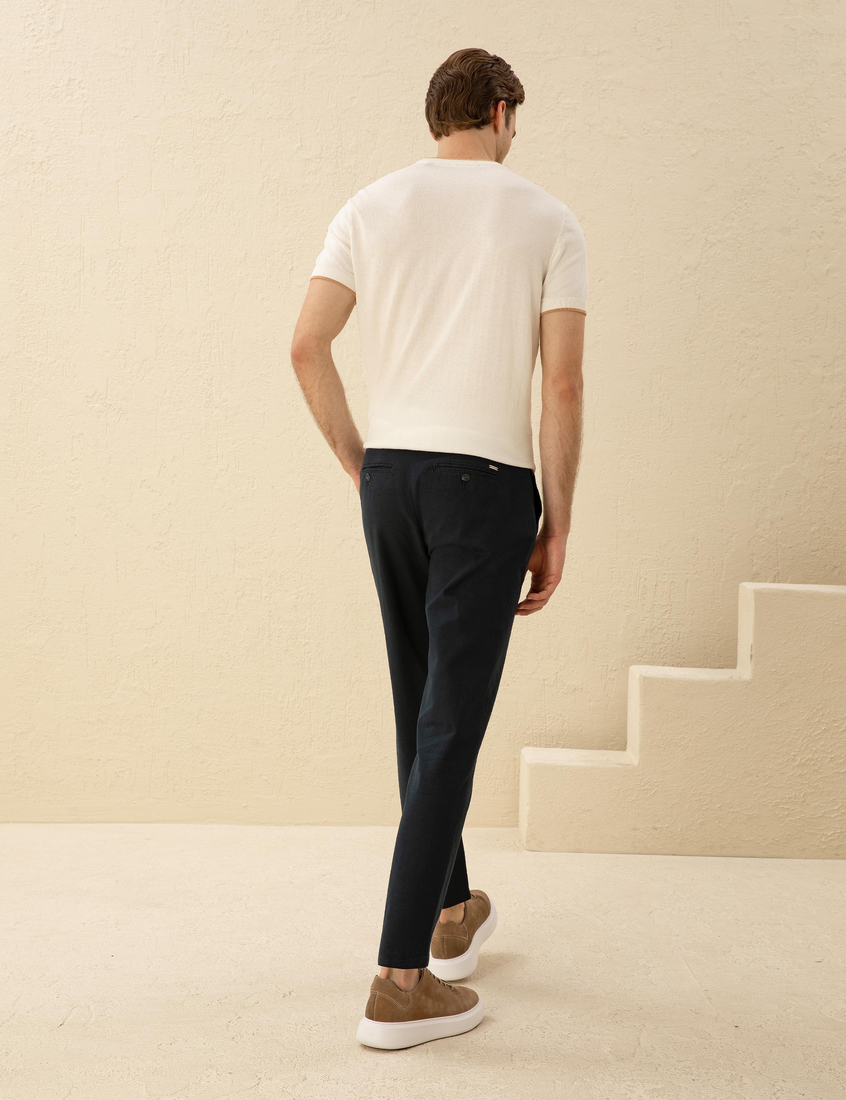 Lacivert Carrot Fit Keten Karışımlı Kanvas Pantolon