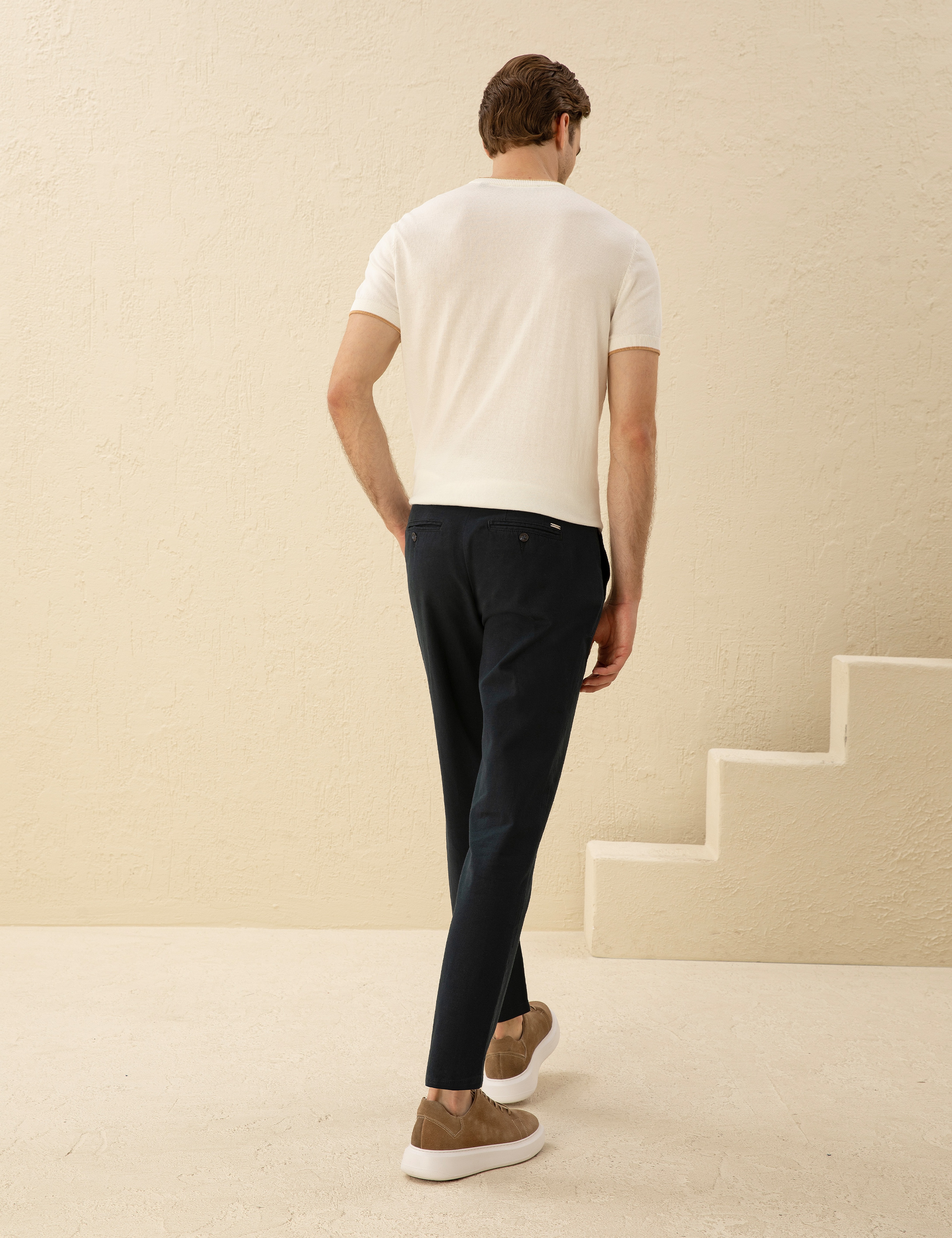 Lacivert Carrot Fit Keten Karışımlı Kanvas Pantolon
