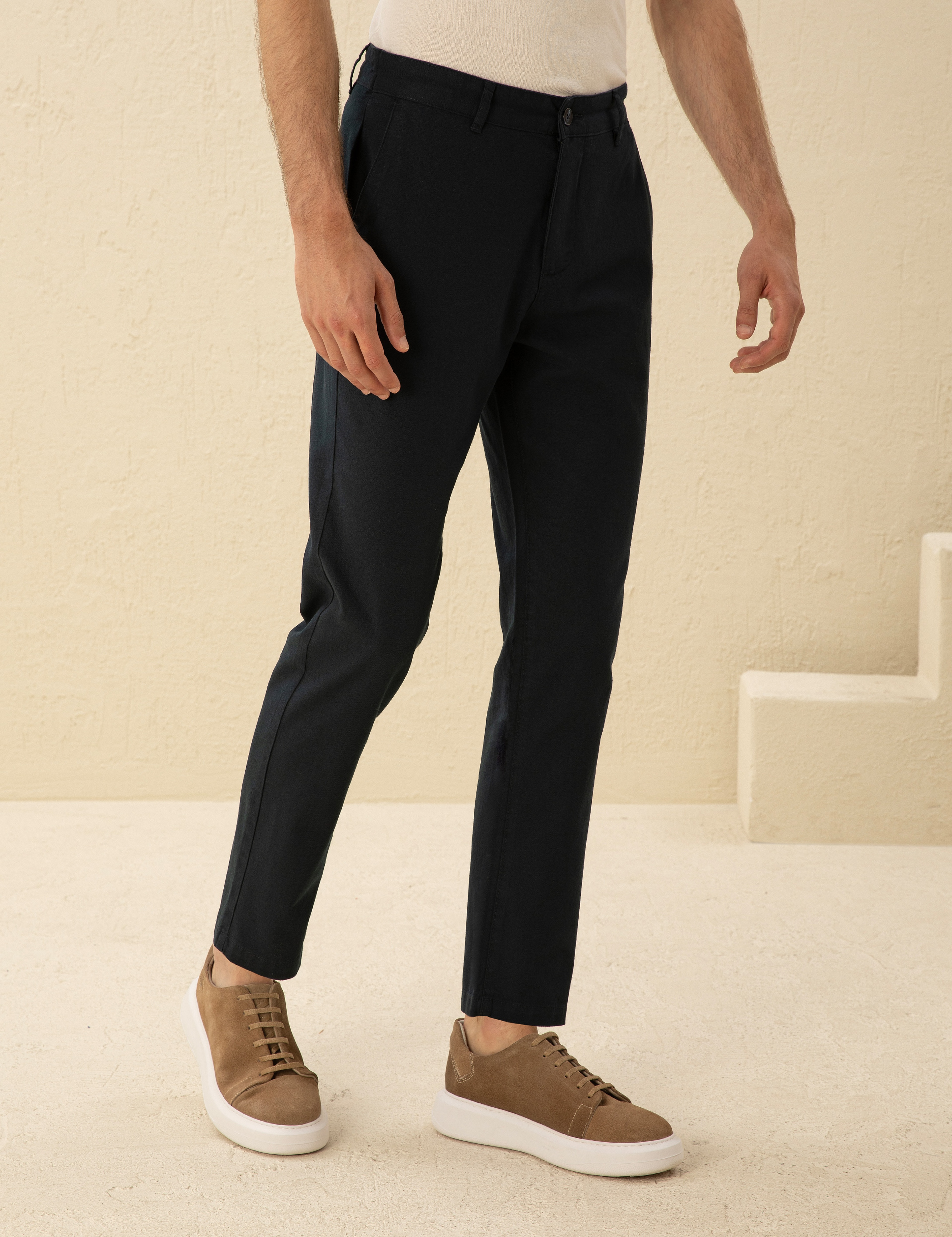 Lacivert Carrot Fit Keten Karışımlı Kanvas Pantolon - Image 2