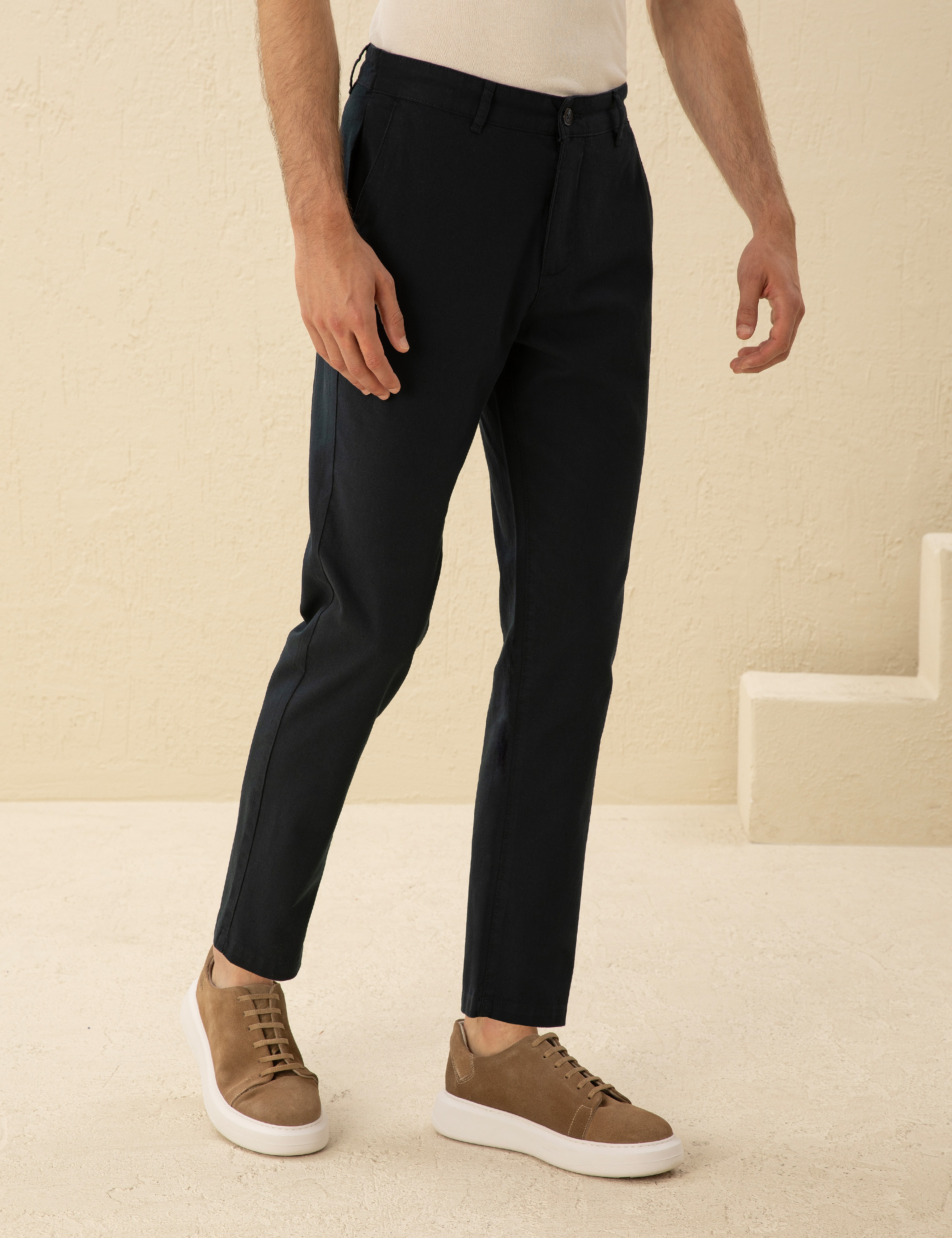 Lacivert Carrot Fit Keten Karışımlı Kanvas Pantolon