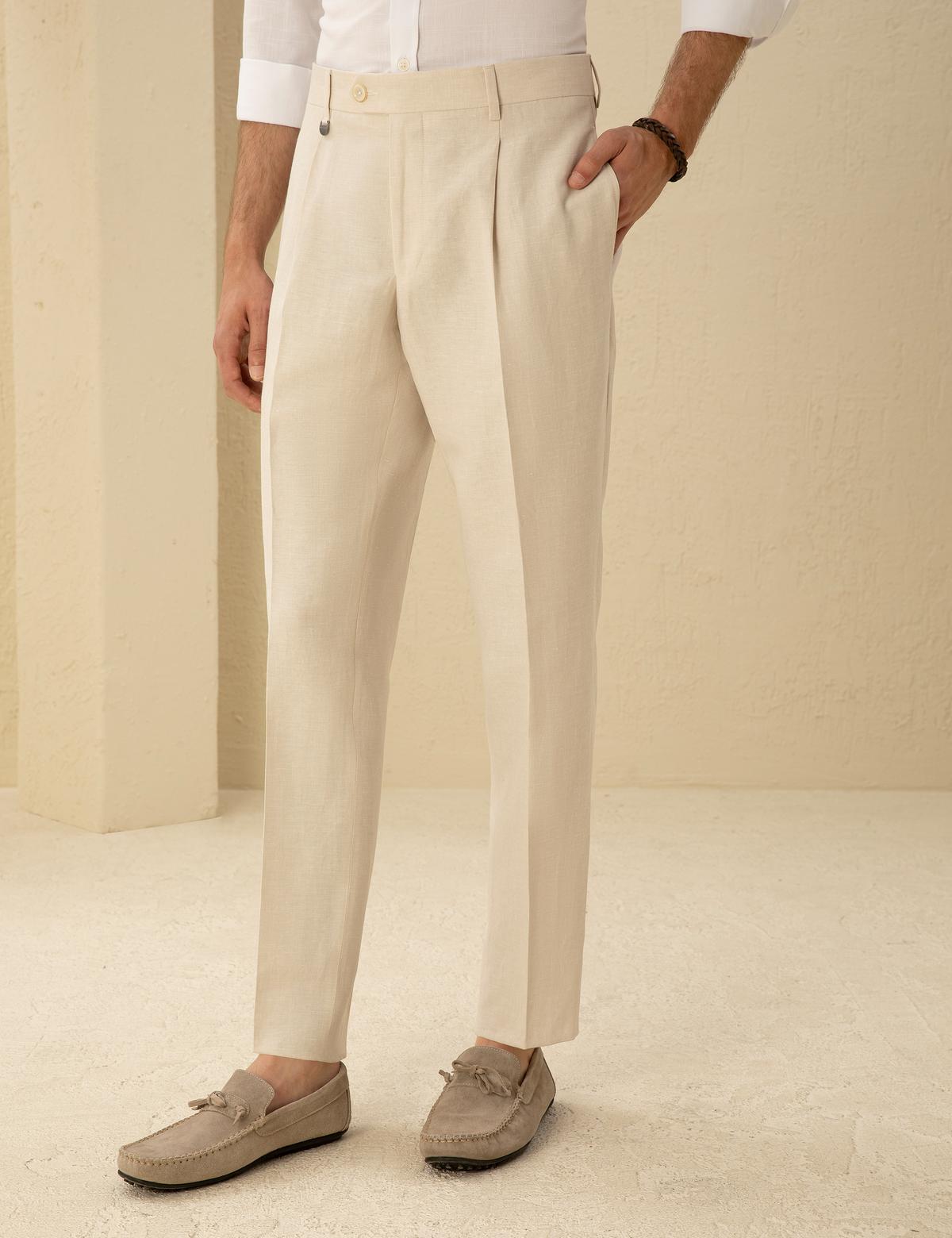 Bej Slim Fit Pileli Keten Karışımlı Pantolon - 50288825006