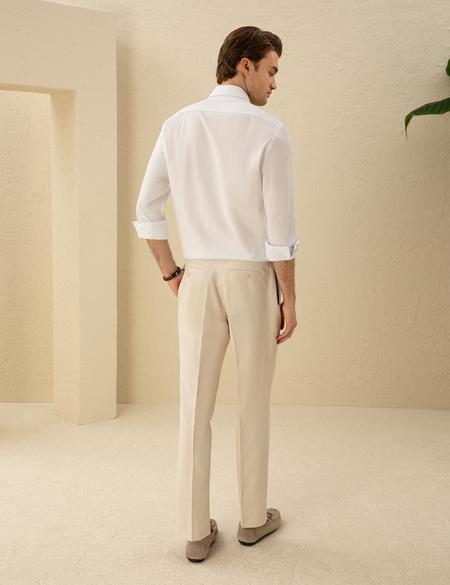 Bej Slim Fit Pileli Keten Karışımlı Pantolon - 50288825006