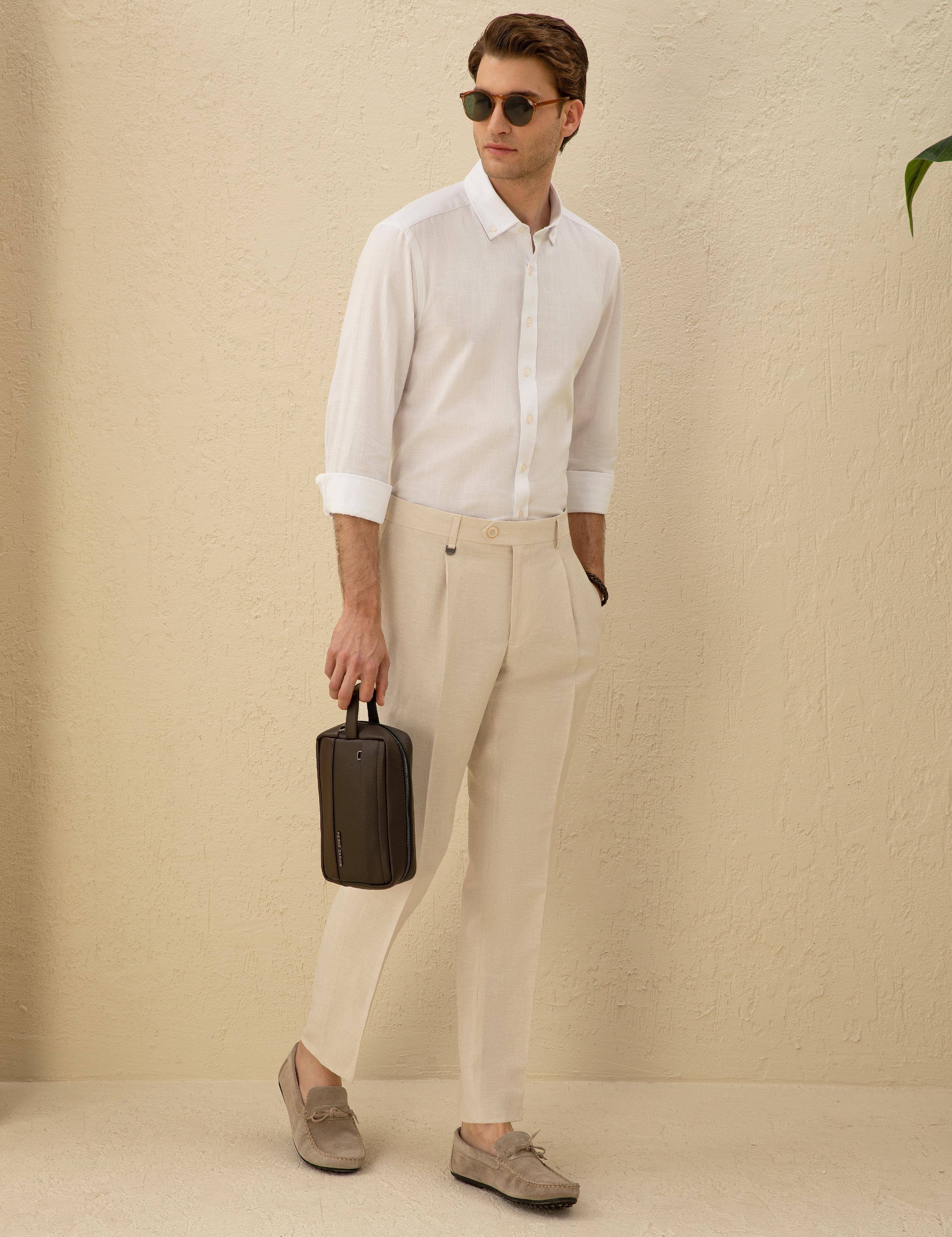 Bej Slim Fit Pileli Keten Karışımlı Pantolon