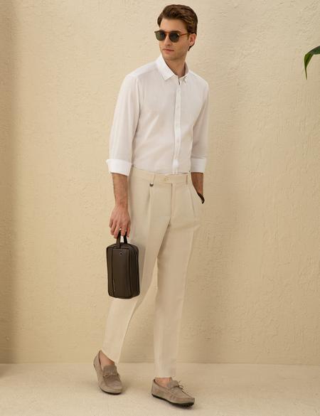 Bej Slim Fit Pileli Keten Karışımlı Pantolon - 50288825006