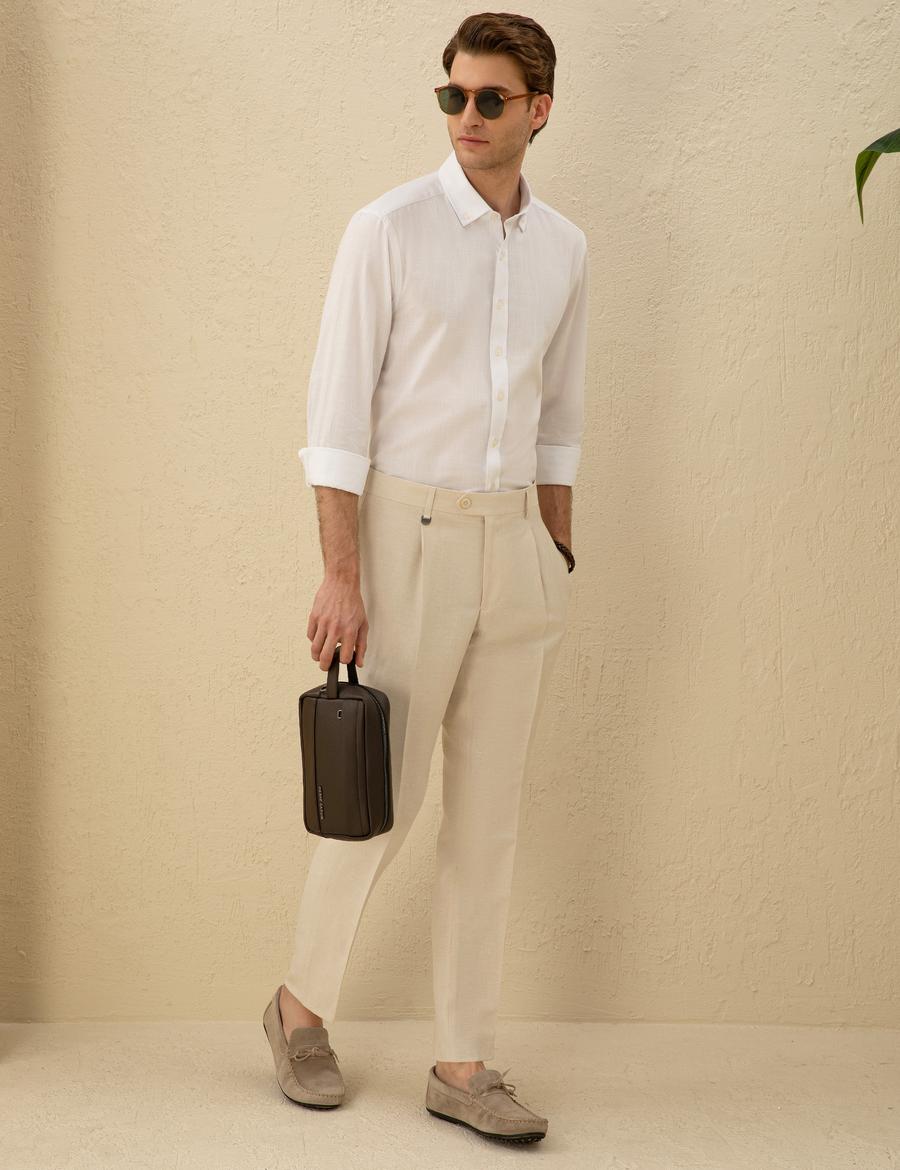 Bej Slim Fit Pileli Keten Karışımlı Pantolon