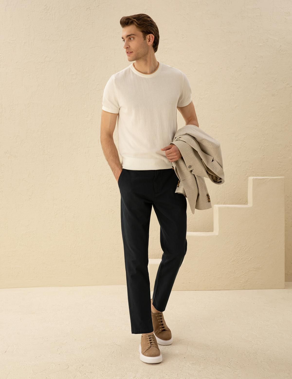 Ekru Slim Fit Bisiklet Yaka Triko Tişört - 50294638011