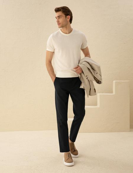 Ekru Slim Fit Bisiklet Yaka Triko Tişört - 50294638011