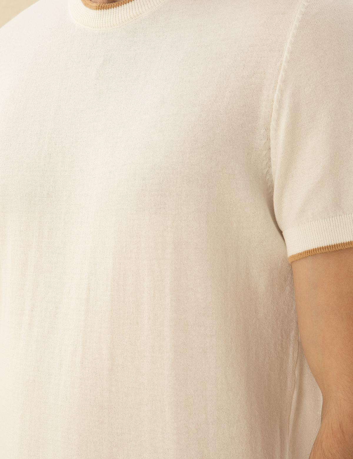 Ekru Slim Fit Bisiklet Yaka Triko Tişört - 50294638011