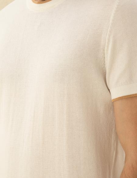 Ekru Slim Fit Bisiklet Yaka Triko Tişört - 50294638011