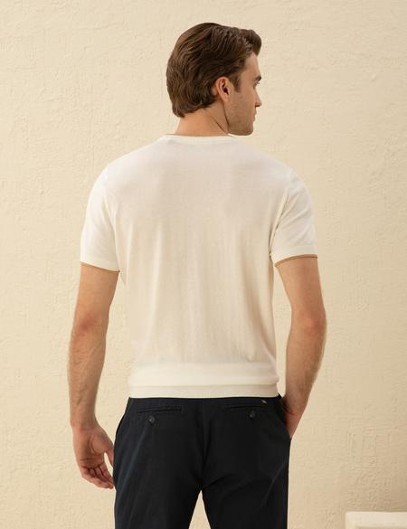 Ekru Slim Fit Bisiklet Yaka Triko Tişört - 50294638011