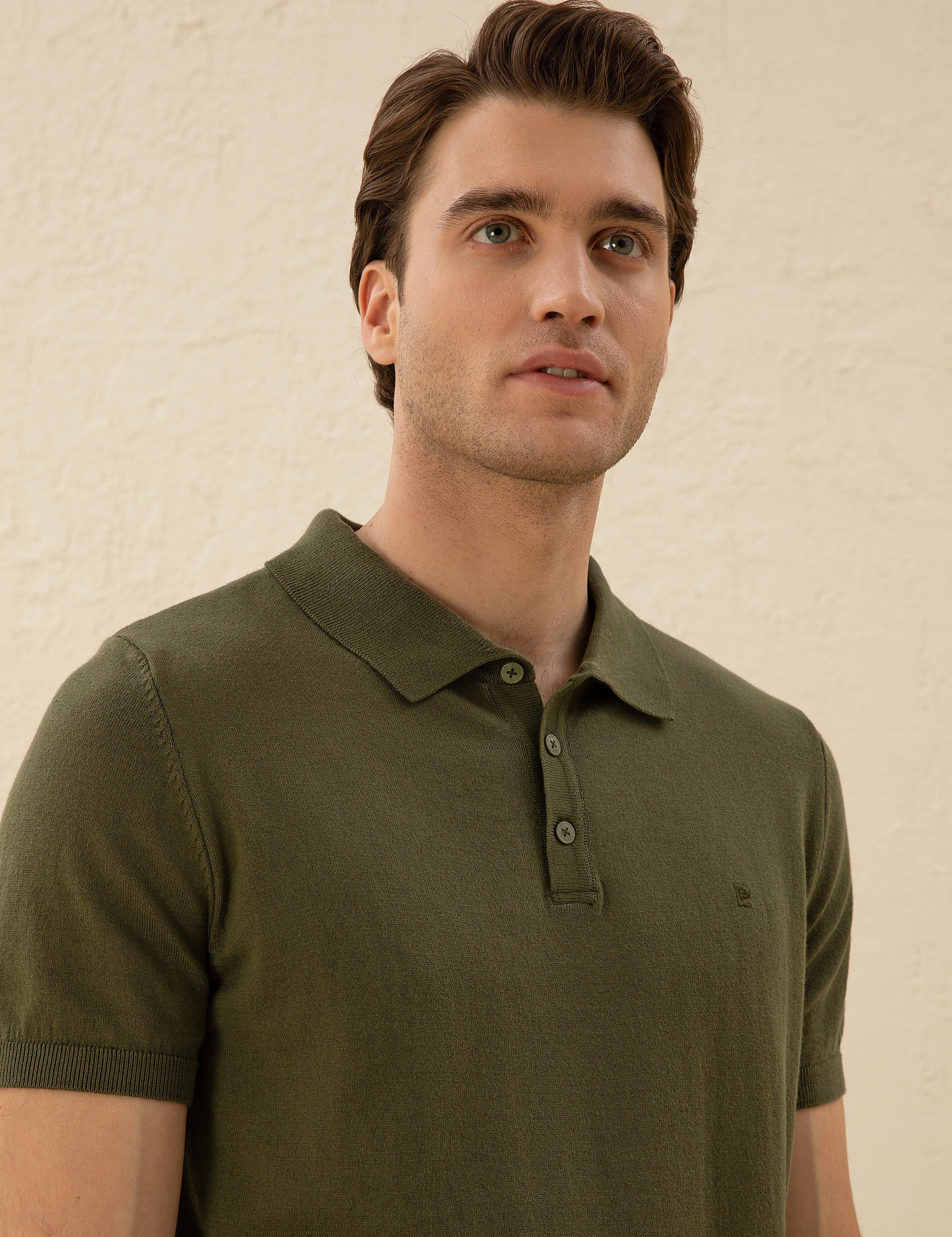 Haki Slim Fit Düğmeli Polo Yaka Triko Tişört