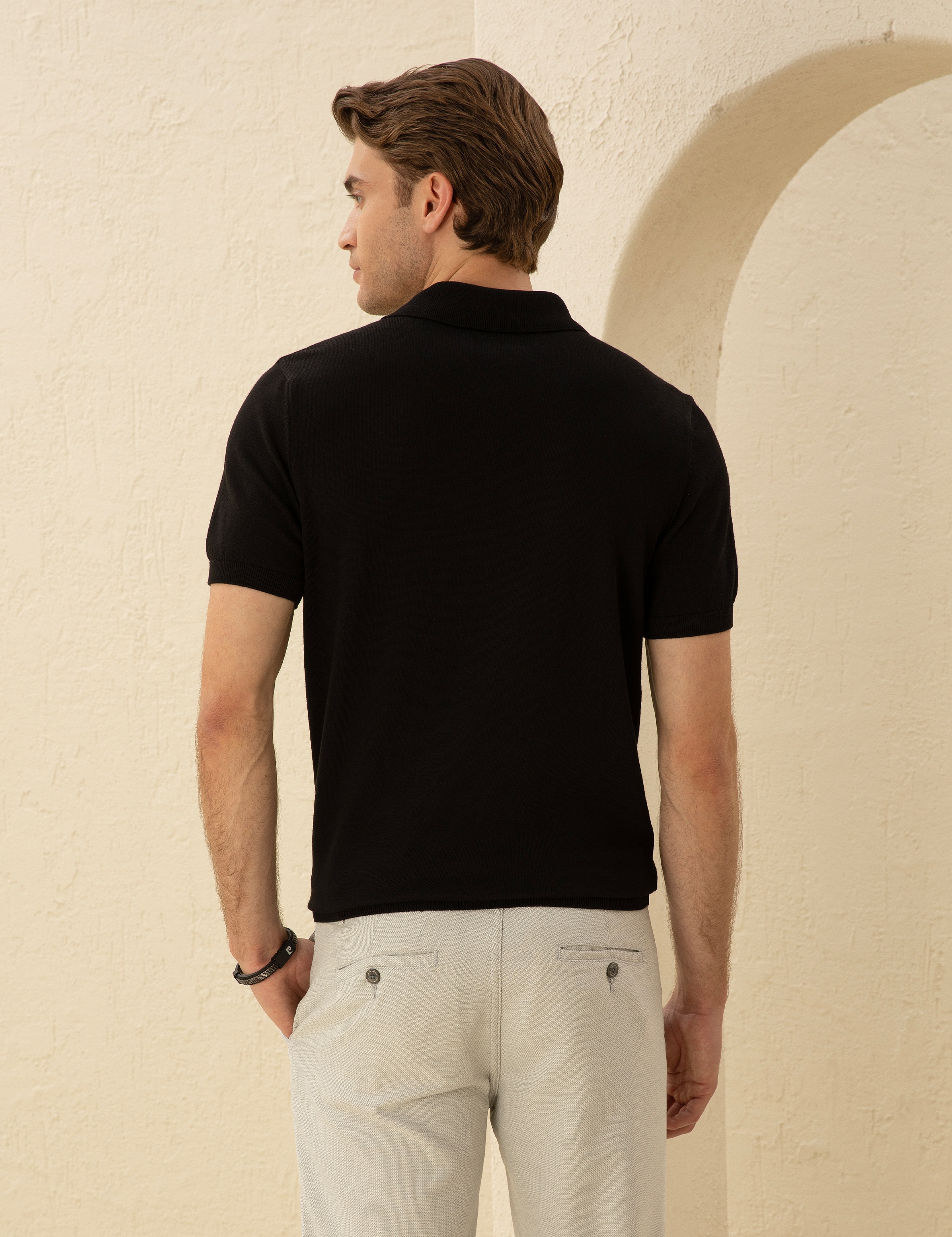 Siyah Slim Fit Düğmeli Polo Yaka Triko Tişört - Image 5