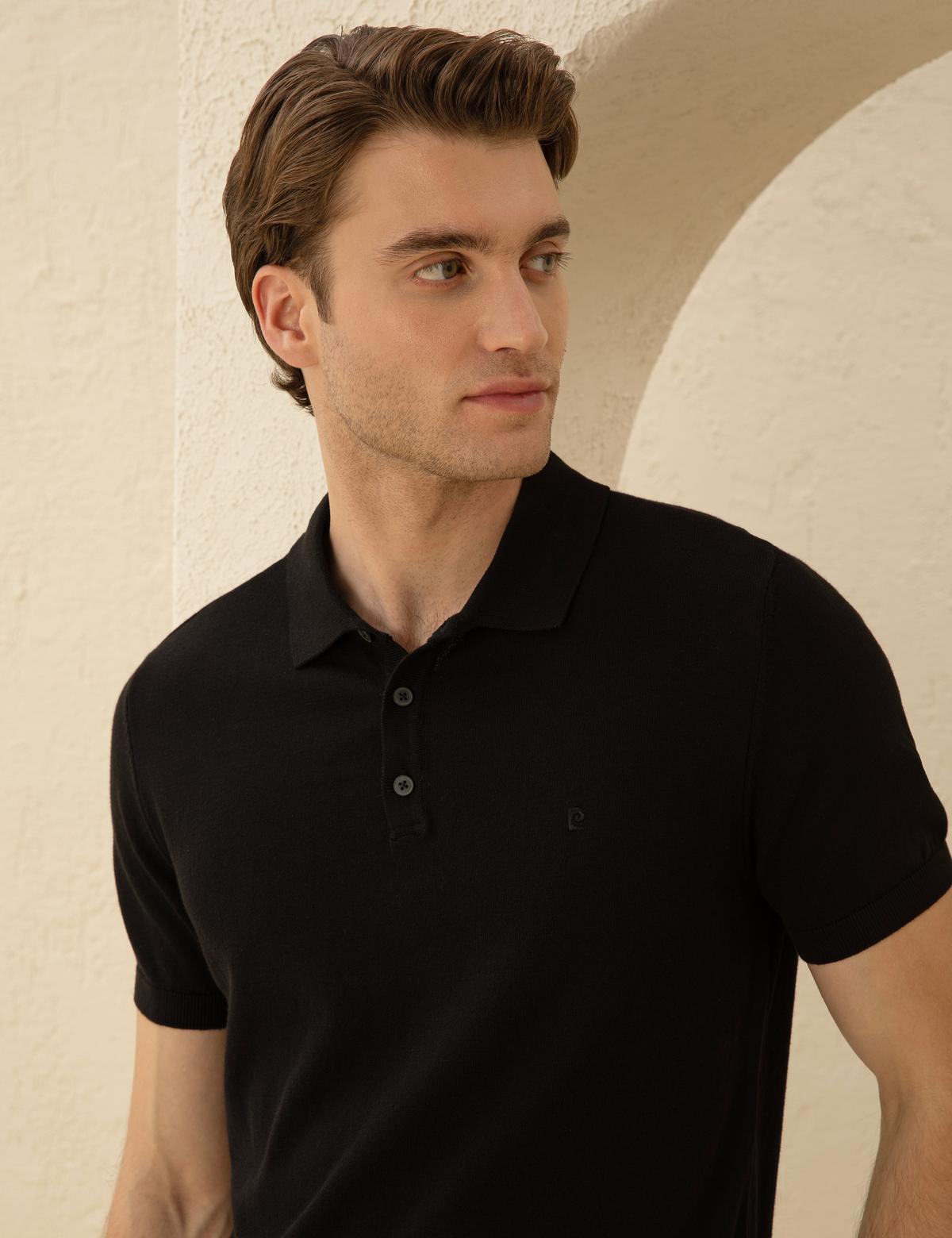 Siyah Slim Fit Düğmeli Polo Yaka Triko Tişört - 50294580028