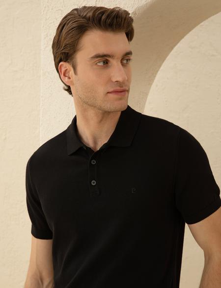 Siyah Slim Fit Düğmeli Polo Yaka Triko Tişört - 50294580028