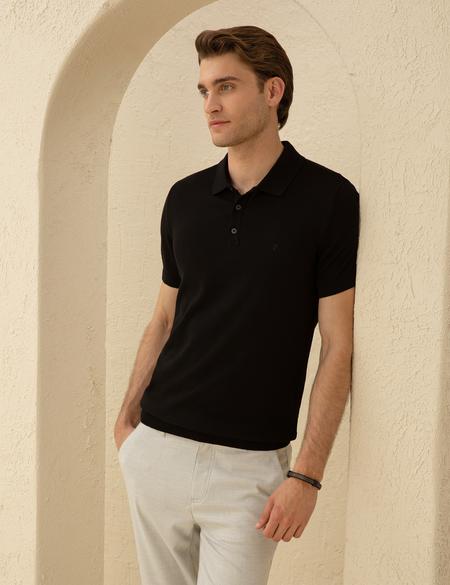 Siyah Slim Fit Düğmeli Polo Yaka Triko Tişört - 50294580028